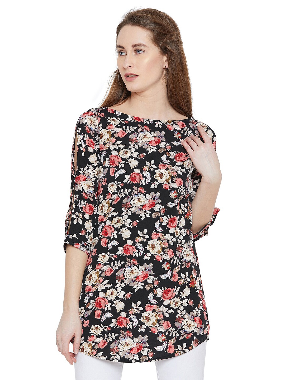 

Toshee Floral Printed Crepe Top, Black