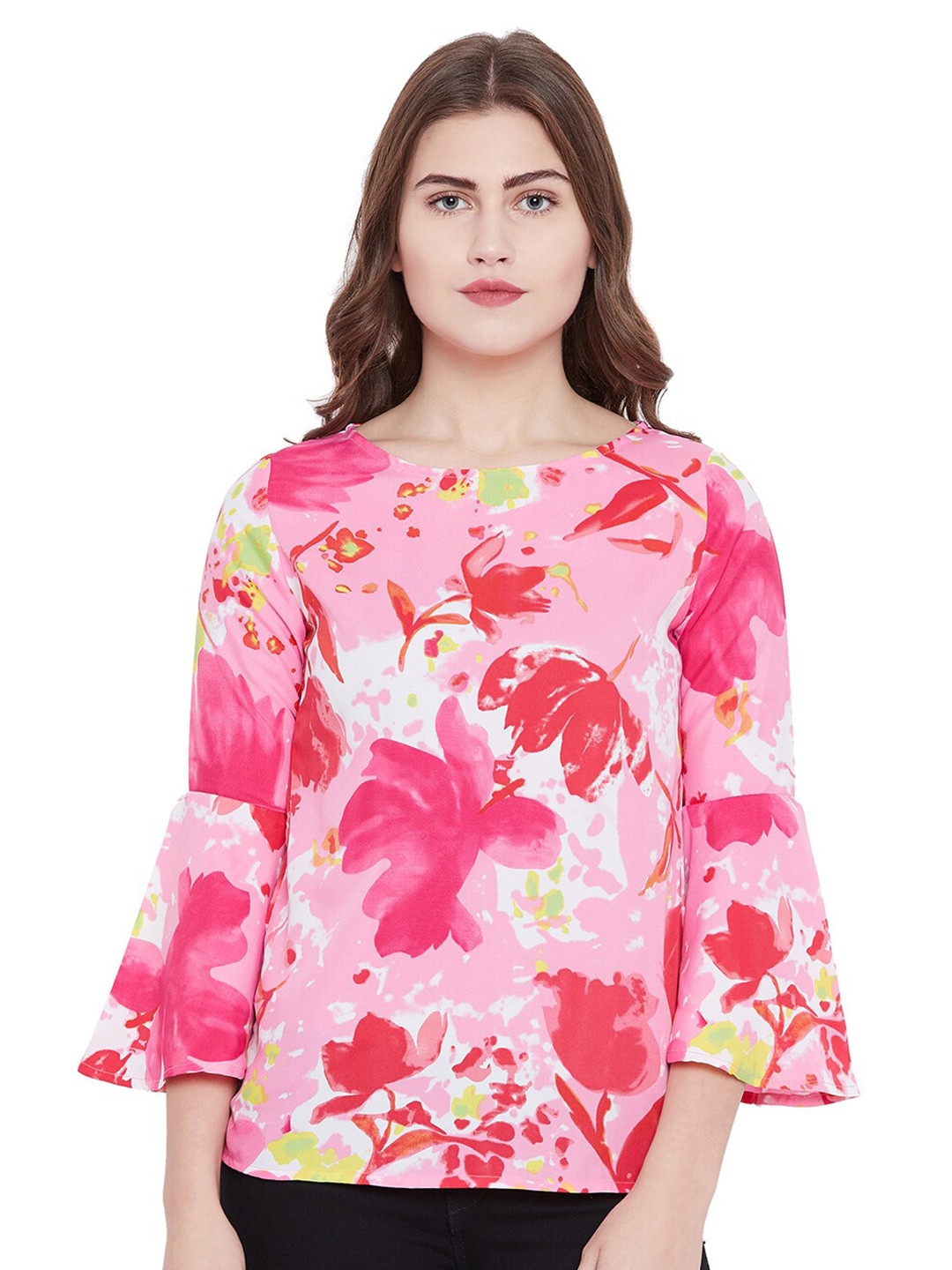 

Toshee Floral Printed Bell Sleeve Crepe Top, Pink