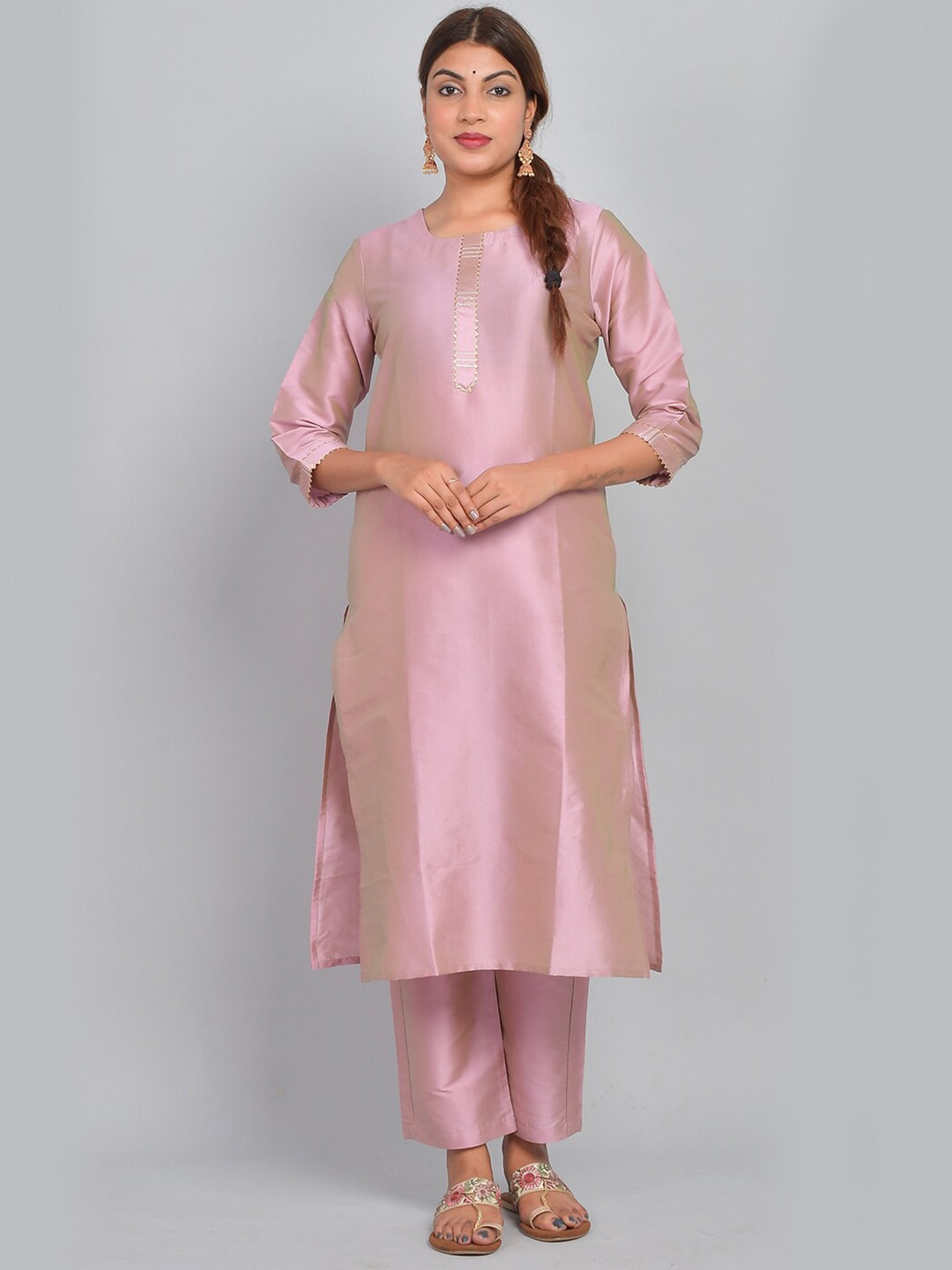

Riara Gotta Patti Straight Art Silk Kurta With Trousers, Mauve