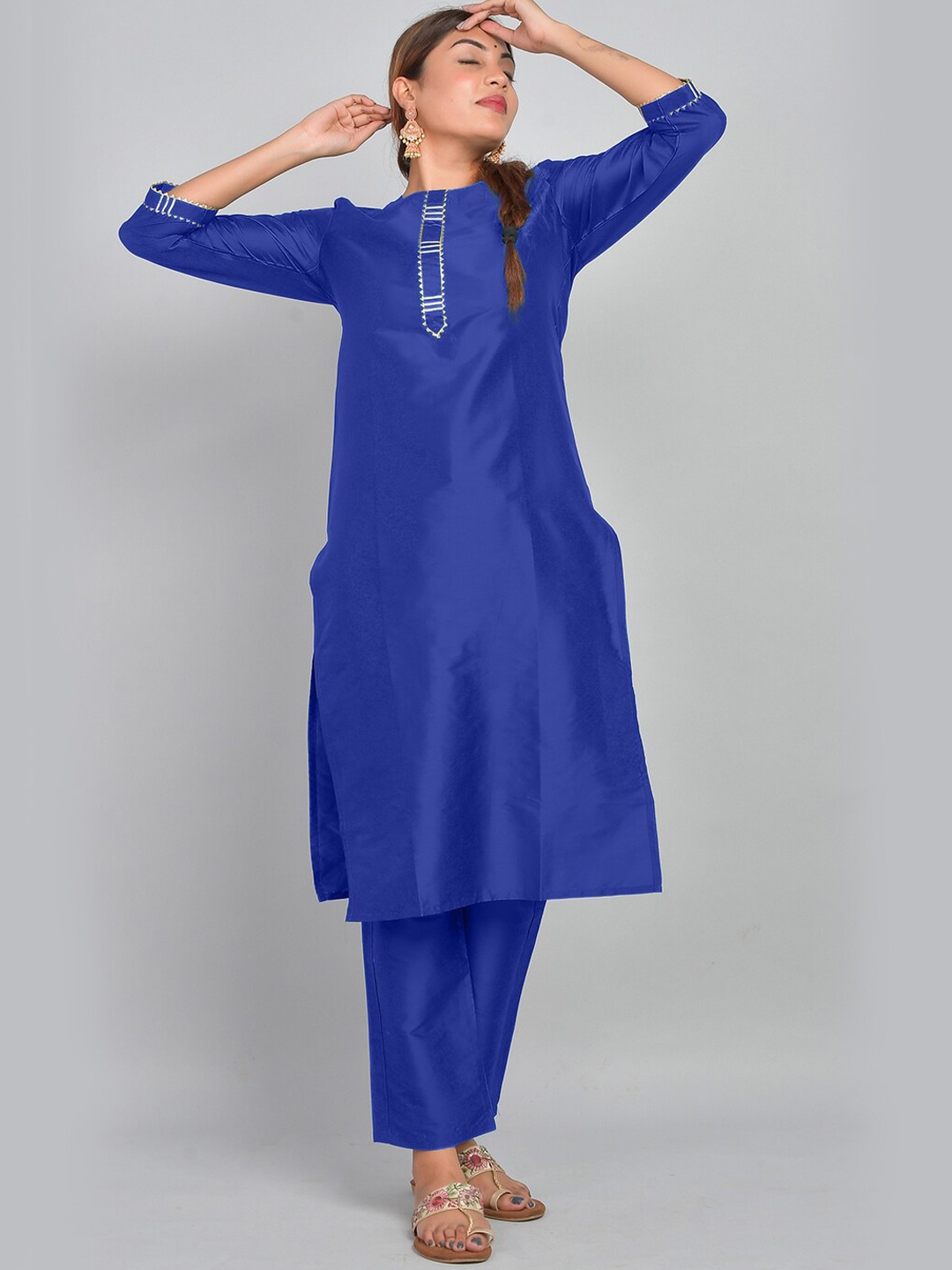 

Riara Gotta Patti Straight Art Silk Kurta With Trousers, Blue