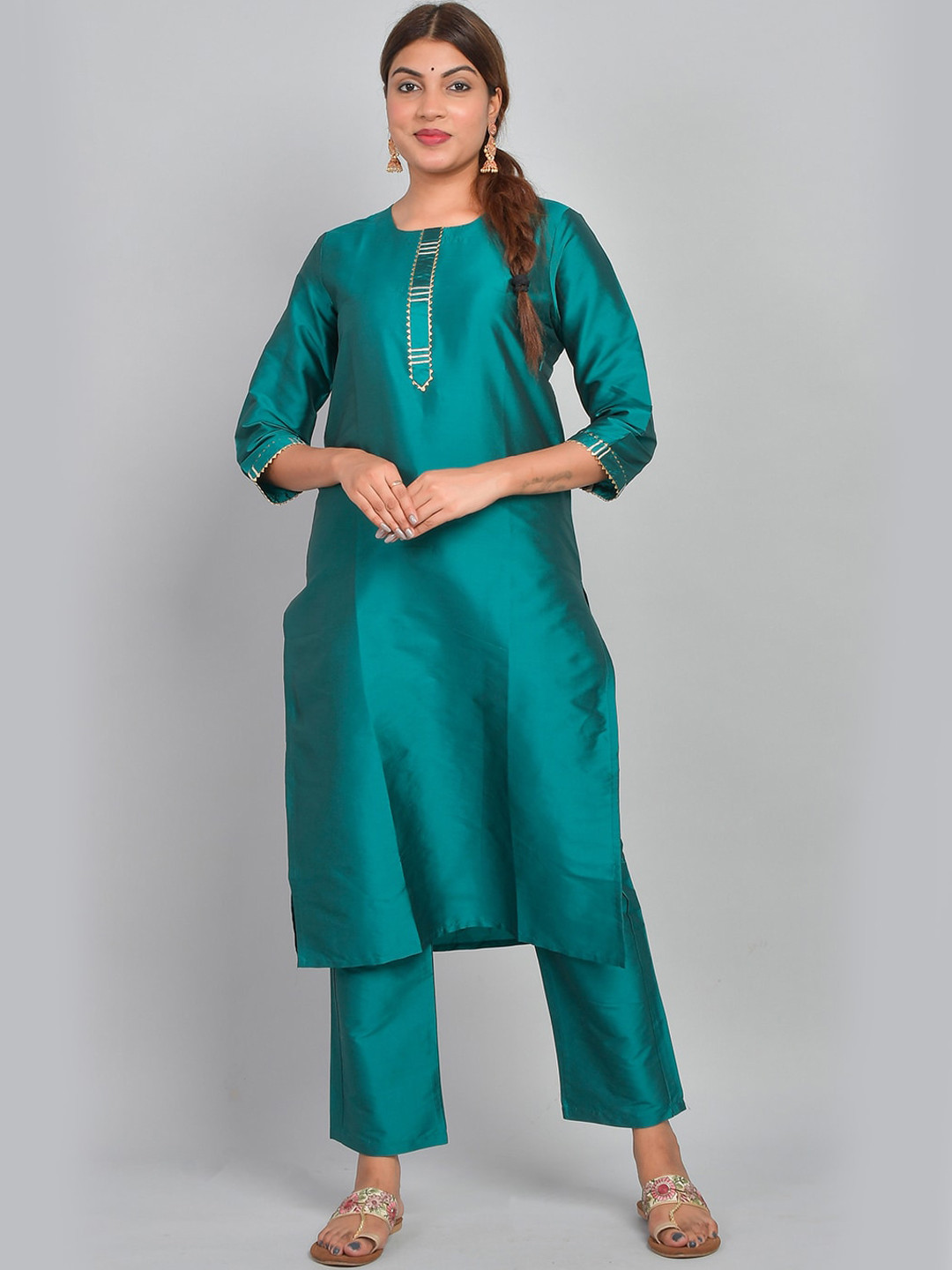 

Riara Gotta Patti Straight Art Silk Kurta With Trousers, Teal