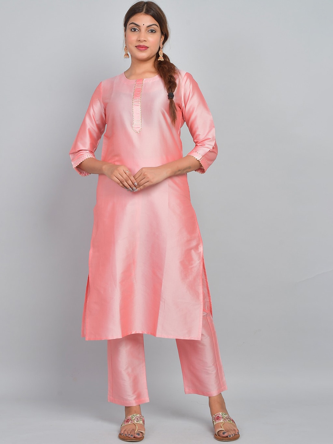 

Riara Gotta Patti Straight Art Silk Kurta With Trousers, Peach