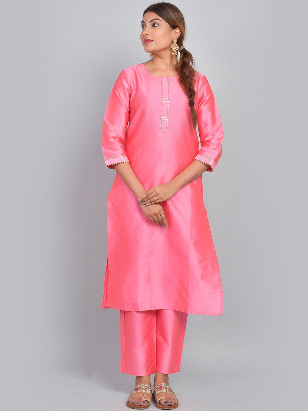 

Riara Gotta Patti Straight Art Silk Kurta With Trousers, Pink