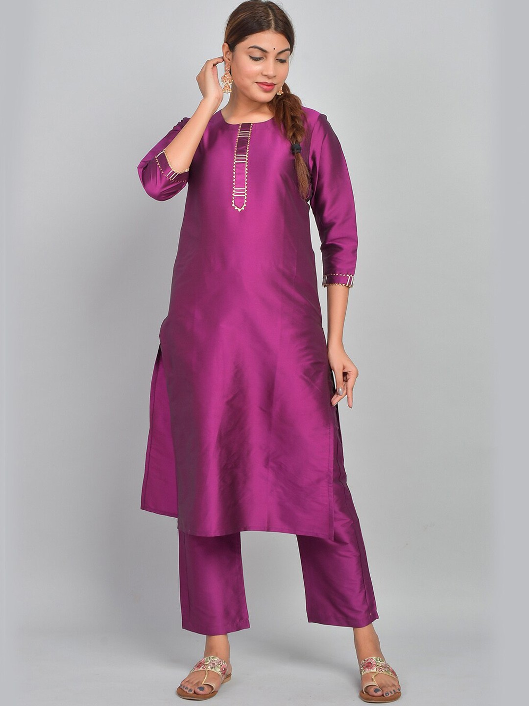

Riara Gotta Patti Straight Art Silk Kurta With Trousers, Purple