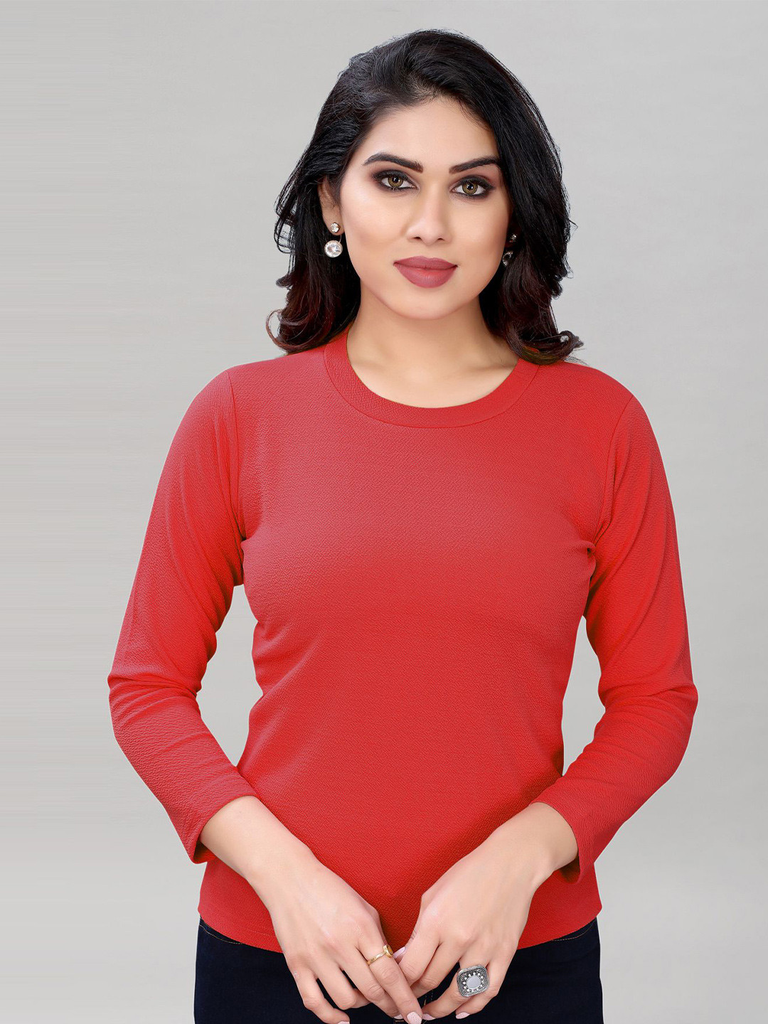 

Selvia Round Neck Three-Quarter Sleeves Top, Red
