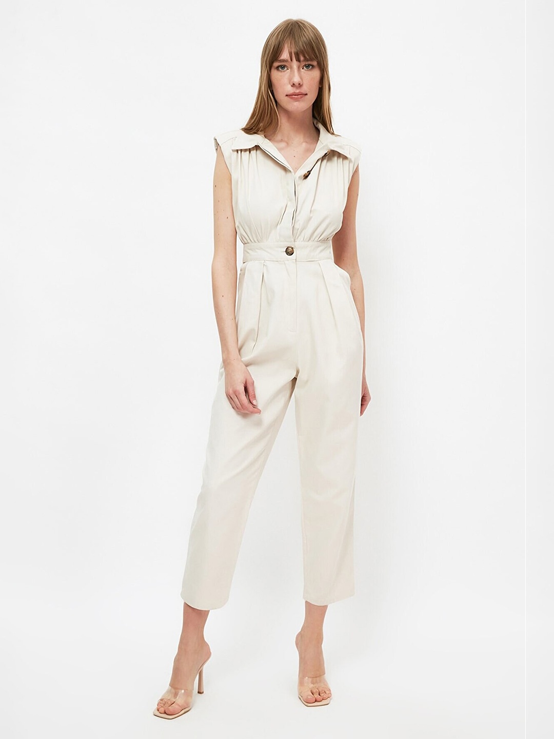 

Trendyol Shirt Collar Pure Cotton Basic Jumpsuit, Off white