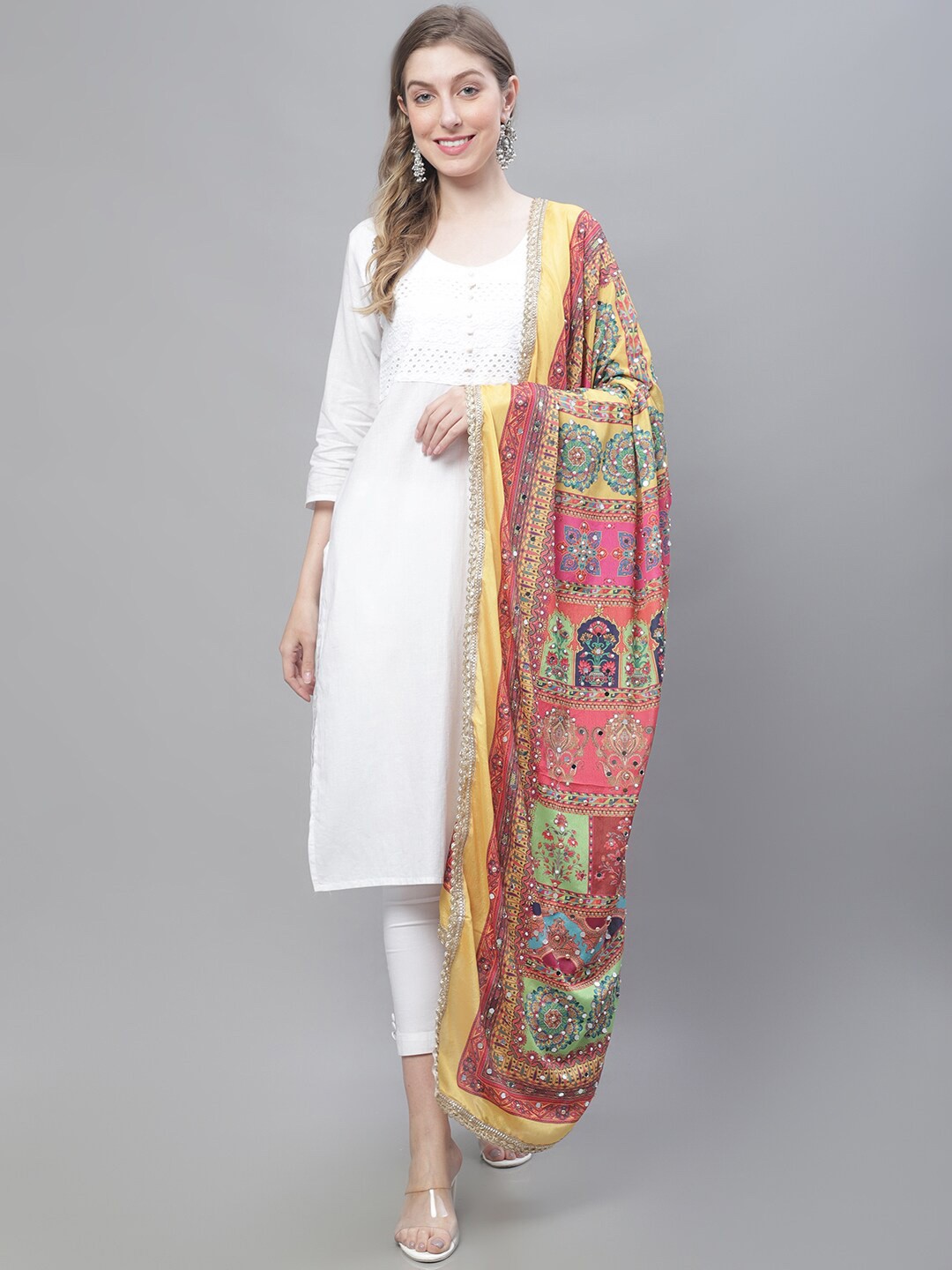 

LOOM LEGACY Red & Yellow Ethnic Motifs Printed Cotton Silk Dupatta