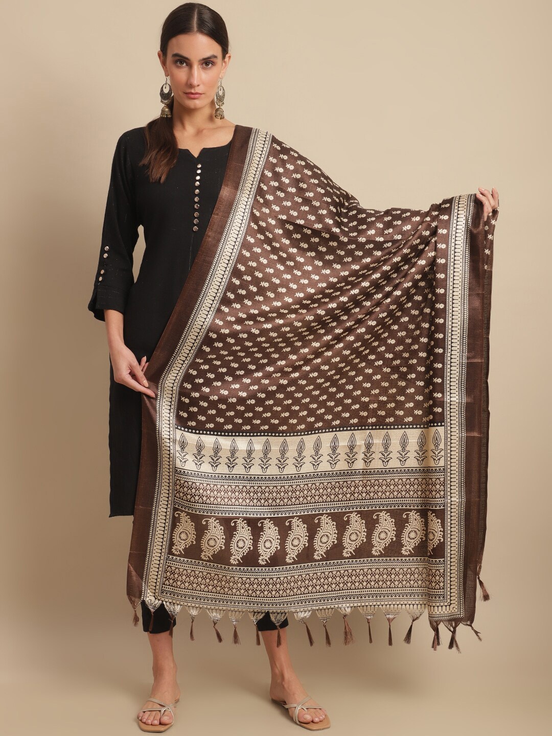 

LOOM LEGACY Ethnic Motifs Printed Art Silk Dupatta, Brown