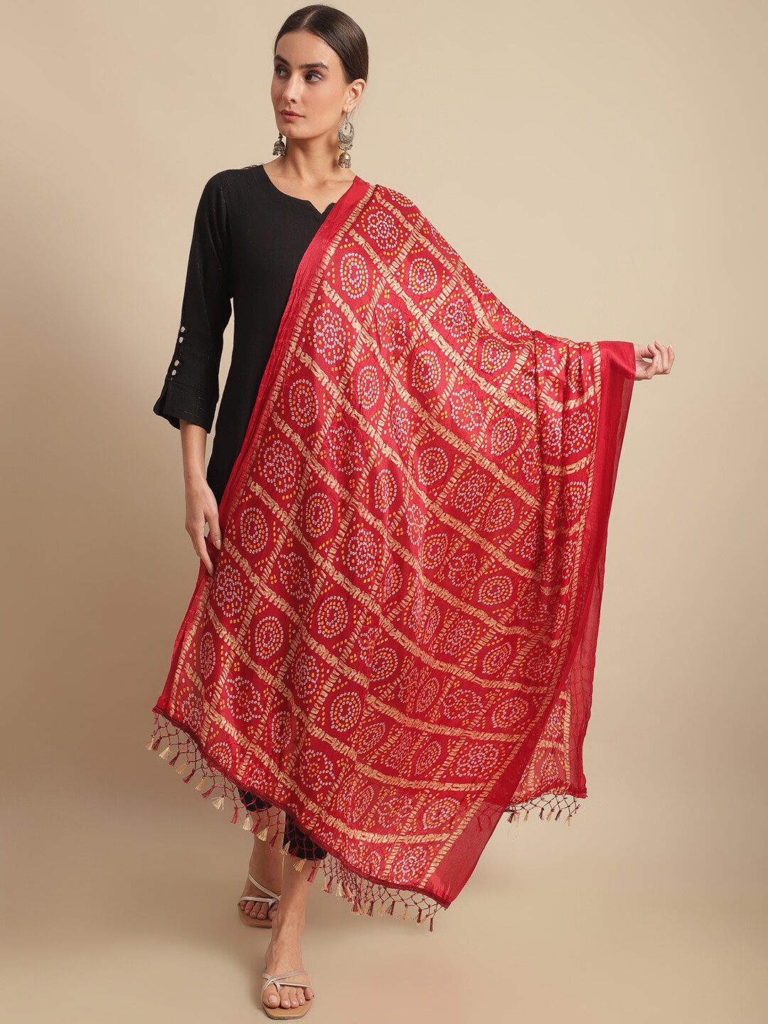 

LOOM LEGACY Printed Cotton Silk Bandhani Dupatta, Red