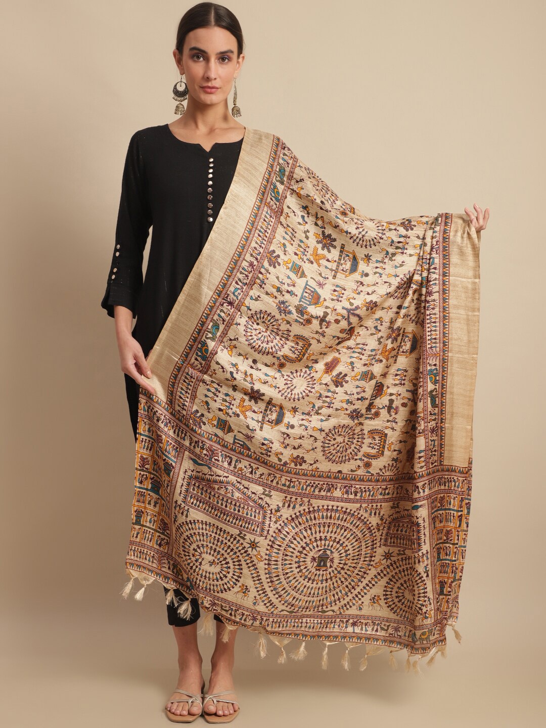 

LOOM LEGACY Ethnic Motifs Woven Design Art Silk Dupatta, Gold