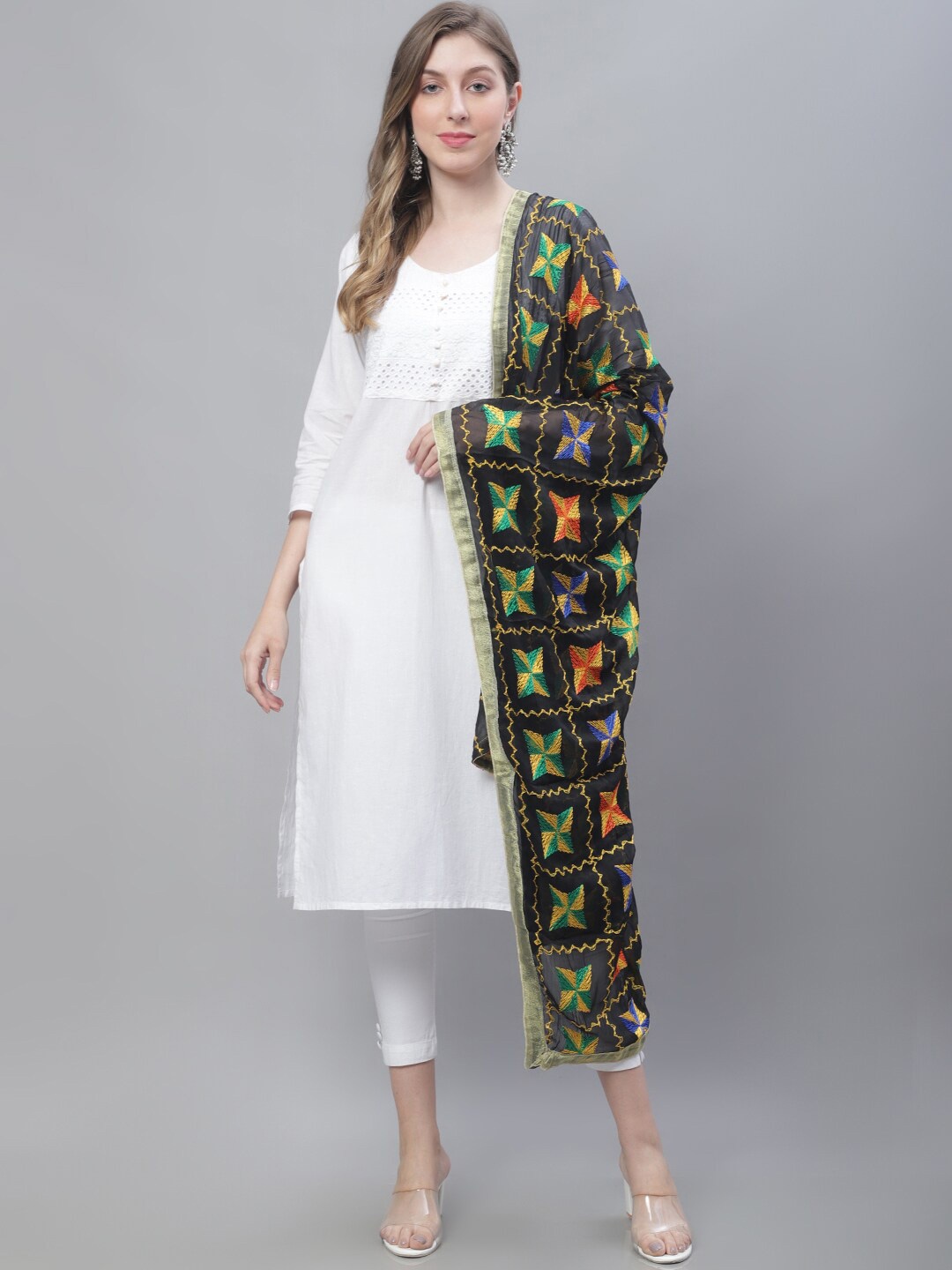 

LOOM LEGACY Ethnic Motifs Woven Design Cotton Silk Dupatta with Phulkari, Black