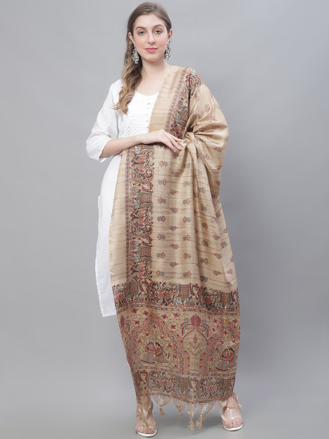 

LOOM LEGACY Ethnic Motifs Printed Art Silk Dupatta, Gold