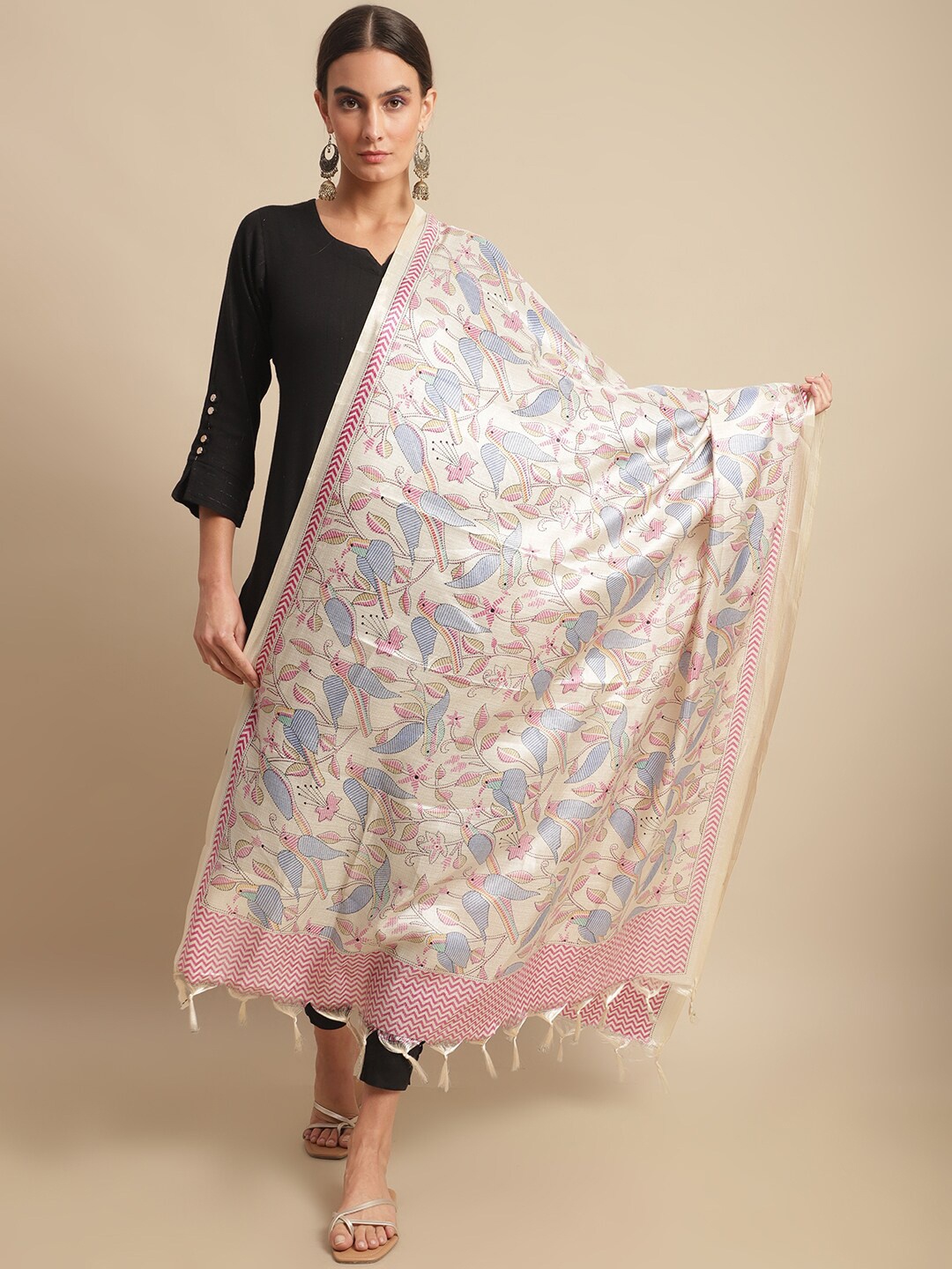 

LOOM LEGACY Woven Design Art Silk Dupatta, White