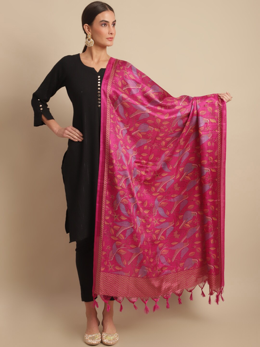 

LOOM LEGACY Ethnic Motifs Printed Art Silk Dupatta, Magenta