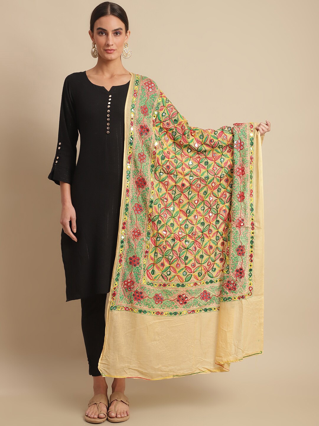 

LOOM LEGACY Ethnic Motifs Embroidered Cotton Silk Dupatta with Mirror Work, Beige