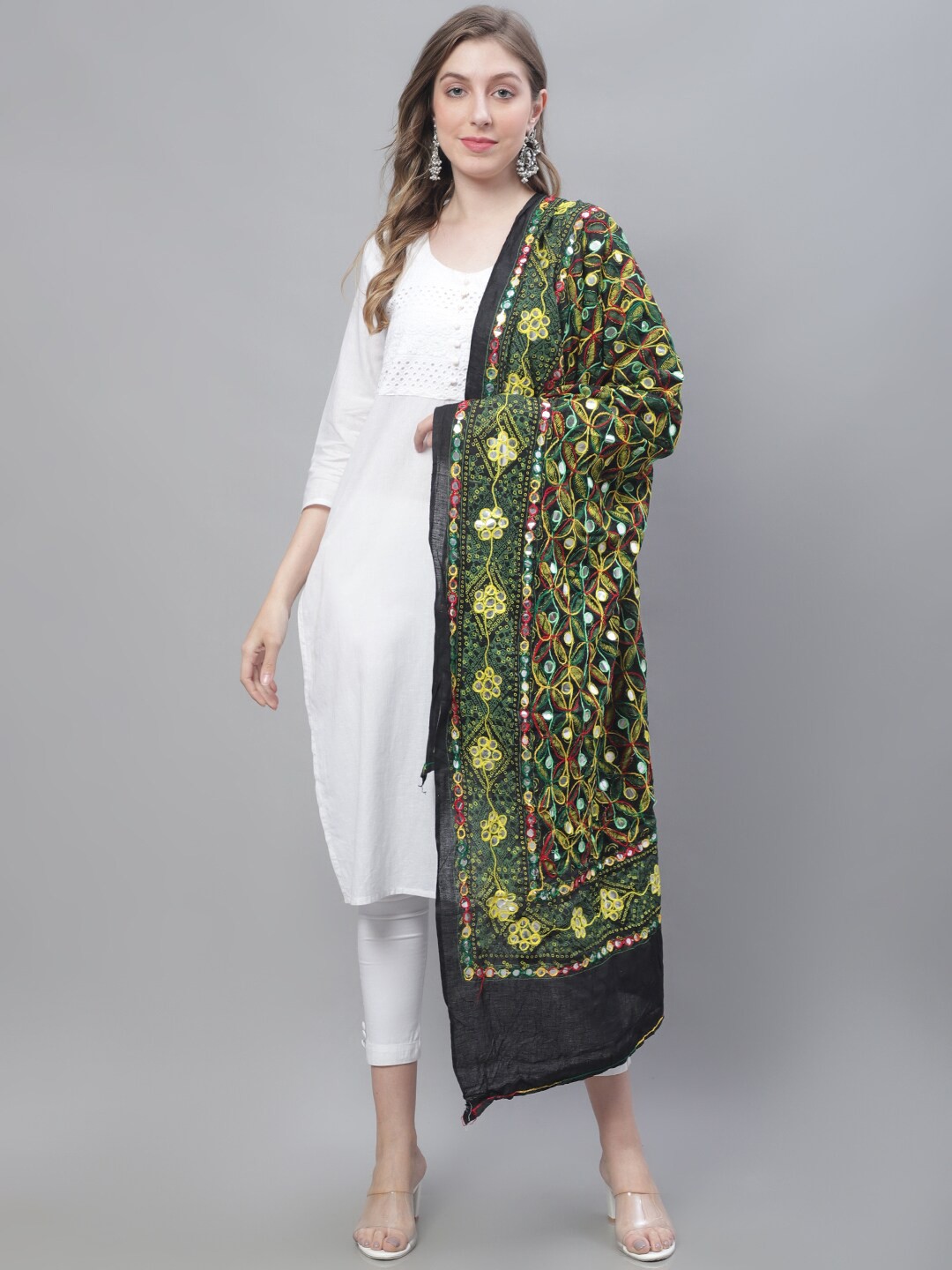 

LOOM LEGACY Embroidered Cotton Silk Dupatta, Green