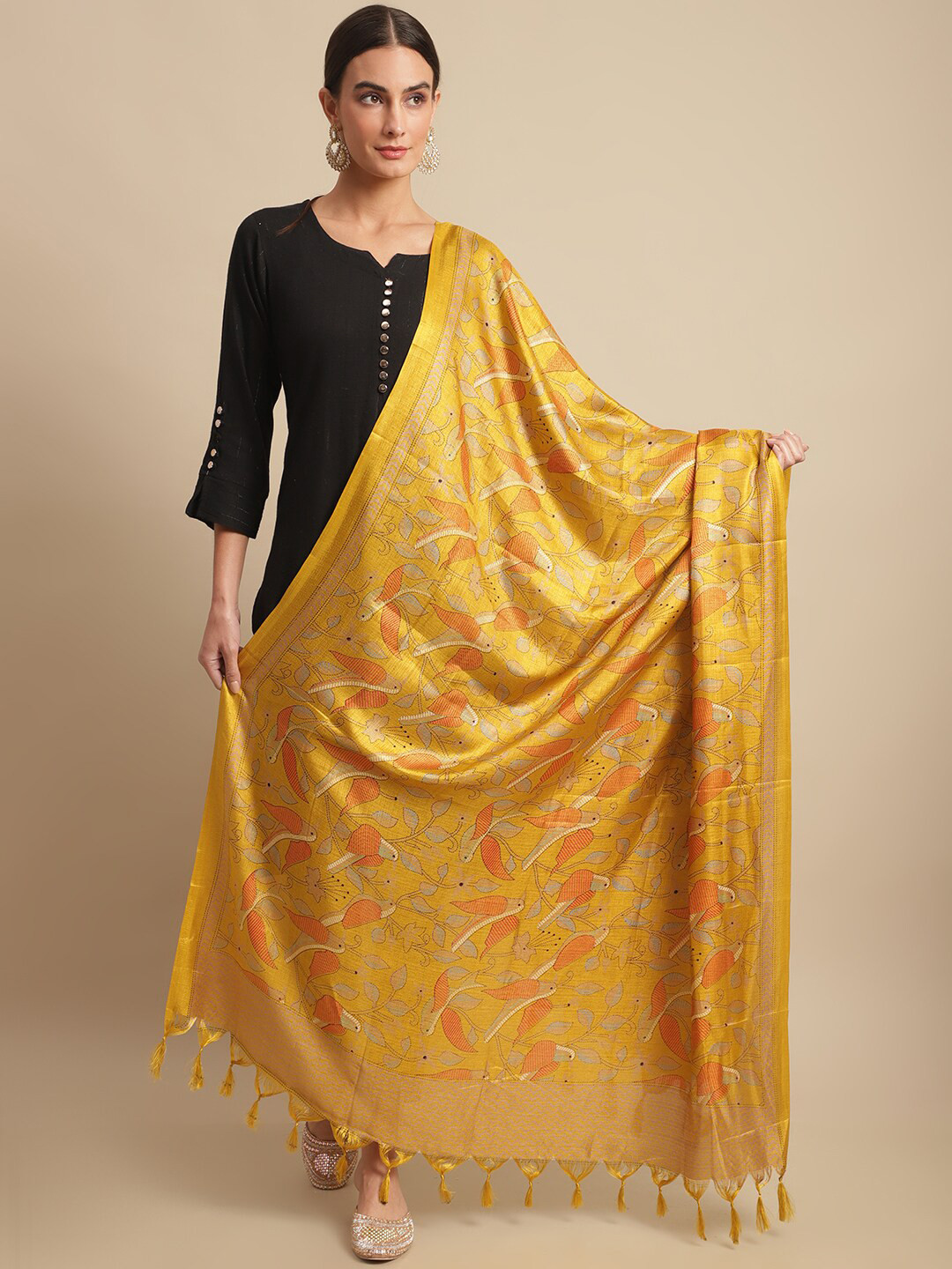 

LOOM LEGACY Printed Art Silk Dupatta, Yellow