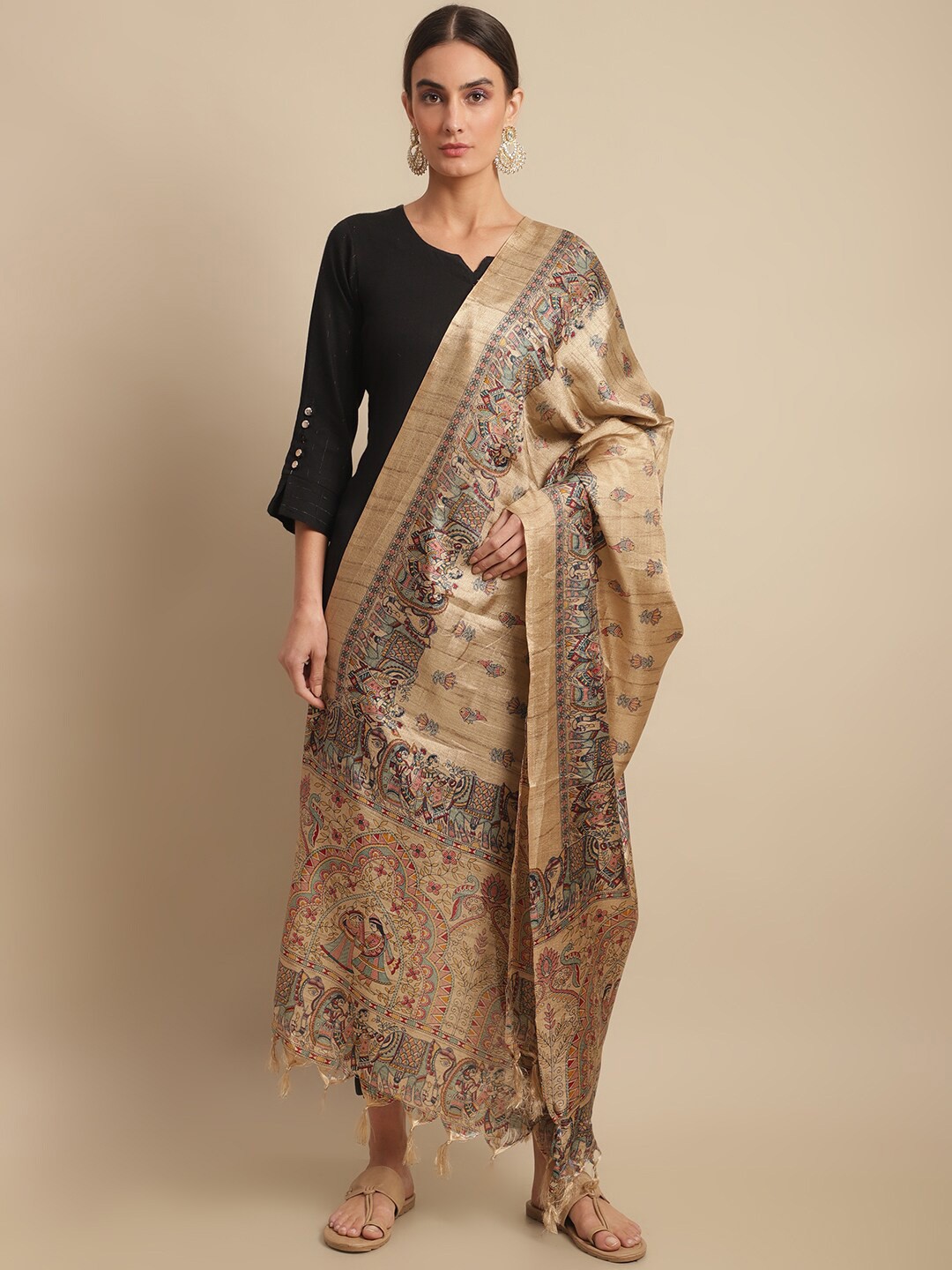 

LOOM LEGACY Ethnic Motifs Printed Art Silk Dupatta, Brown