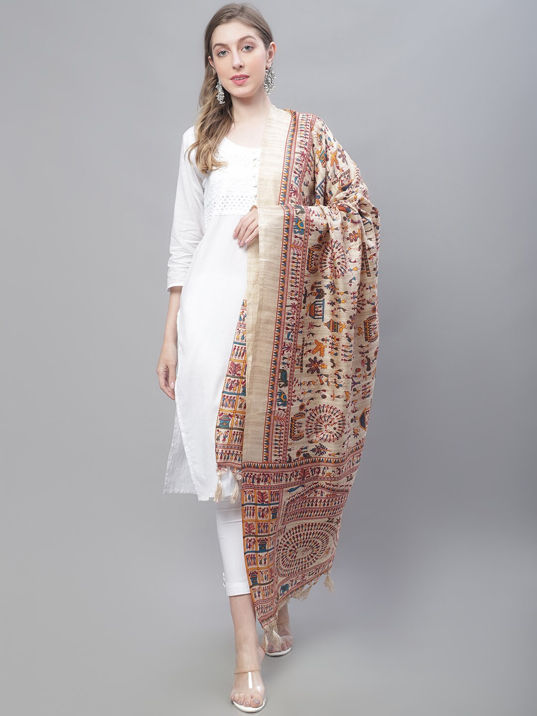 

LOOM LEGACY Ethnic Motifs Printed Art Silk Dupatta, Beige