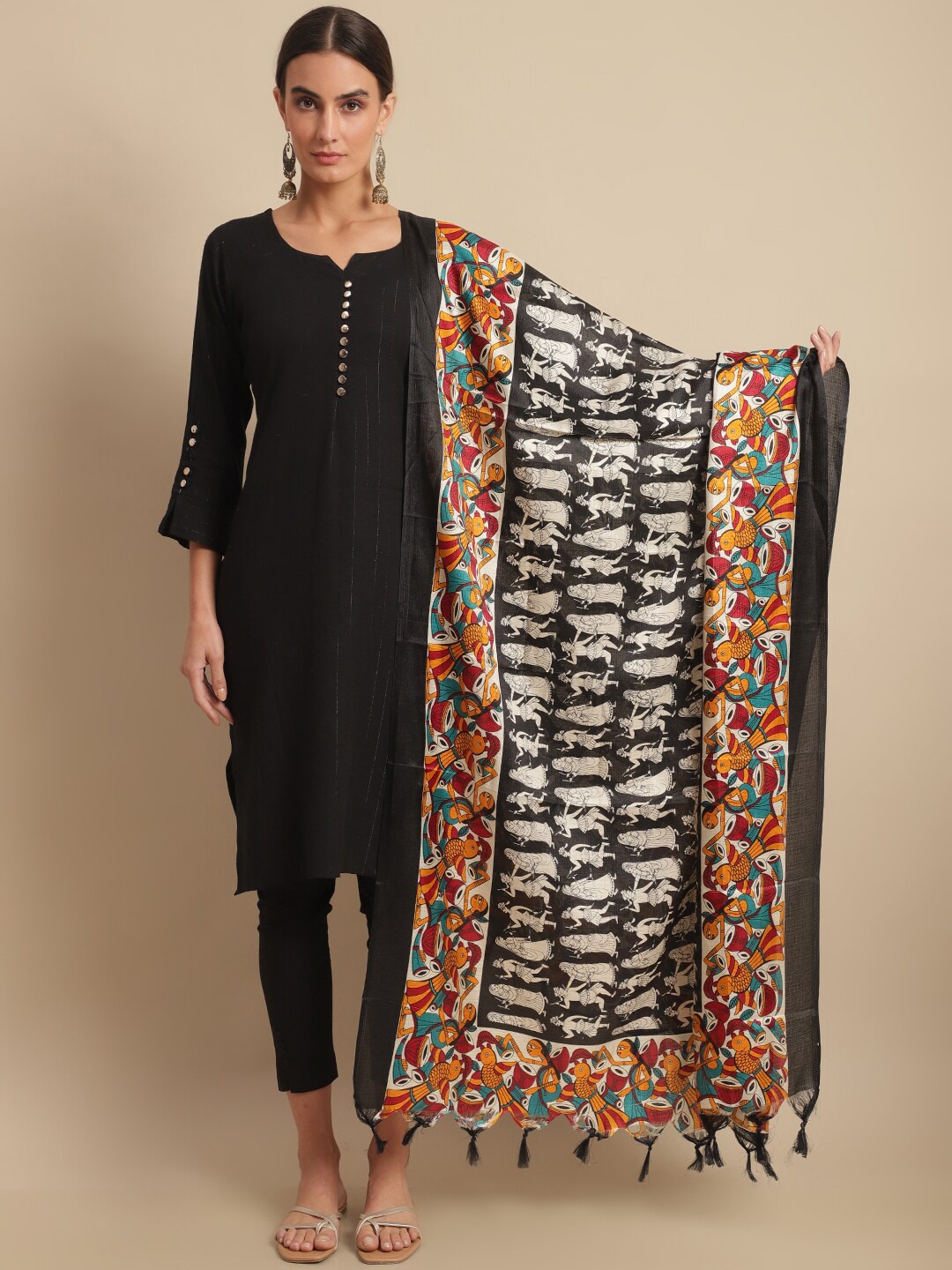 

LOOM LEGACY Ethnic Motifs Printed Art Silk Dupatta, Black