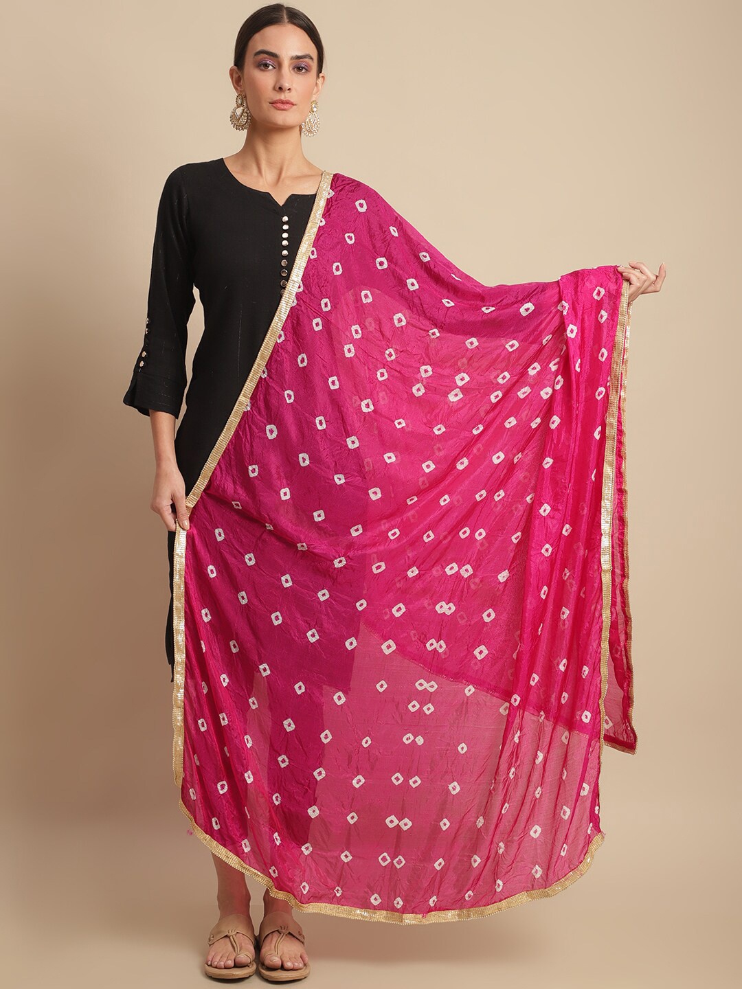 

LOOM LEGACY Printed Bandhani Dupatta, Pink