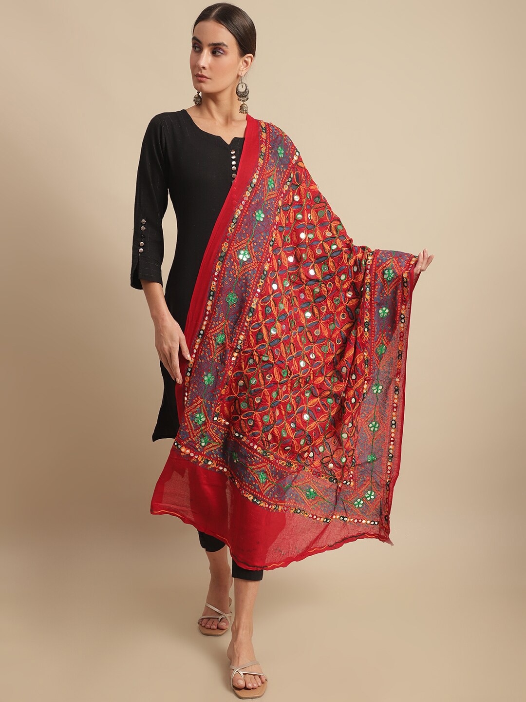 

LOOM LEGACY Embroidered Cotton Silk Dupatta, Red