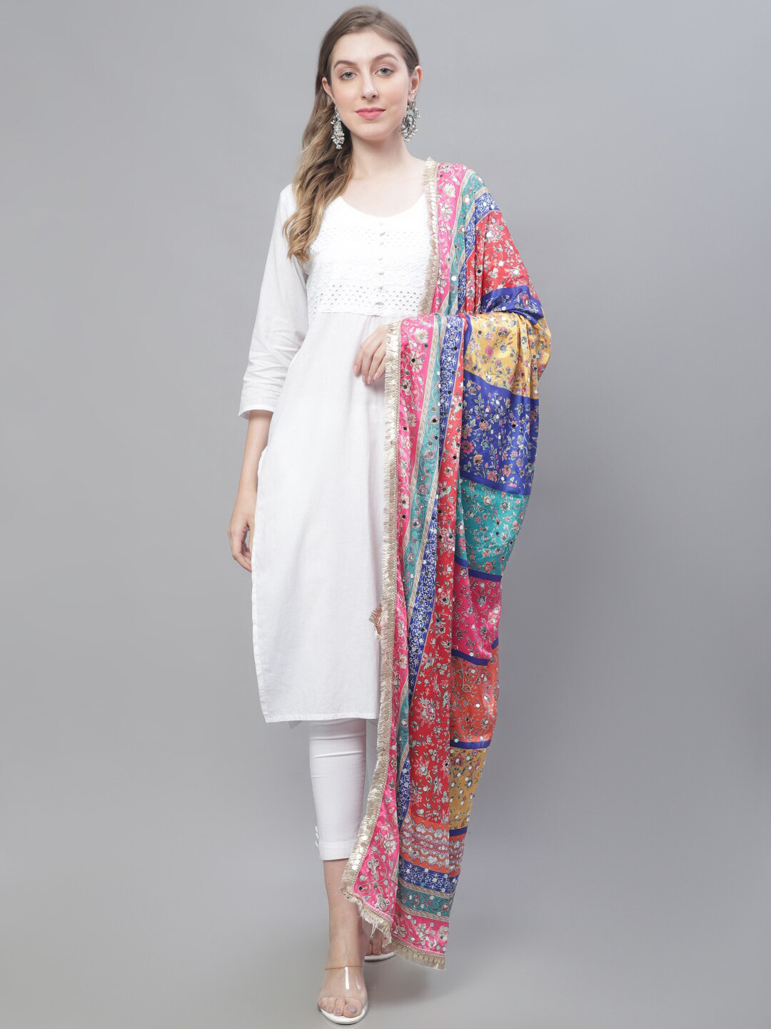 

LOOM LEGACY Digital Printed Mirror Work Cotton Silk Dupatta, Peach