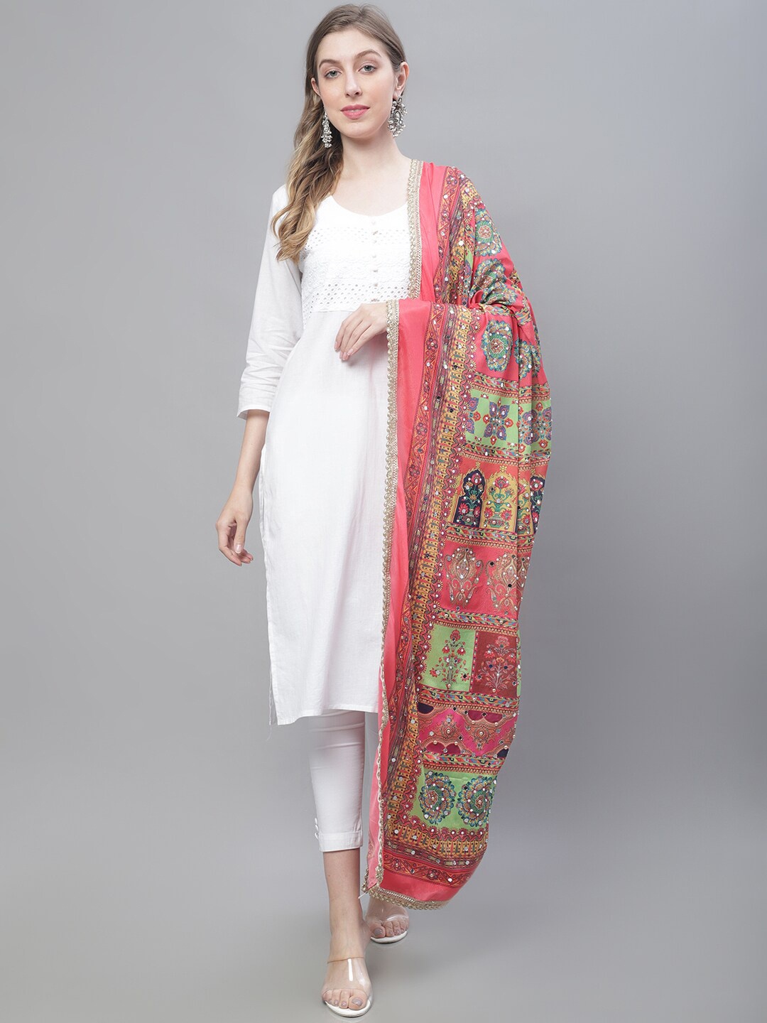 

LOOM LEGACY Ethnic Motifs Embroidered Cotton Silk Dupatta with Mirror Work, Peach