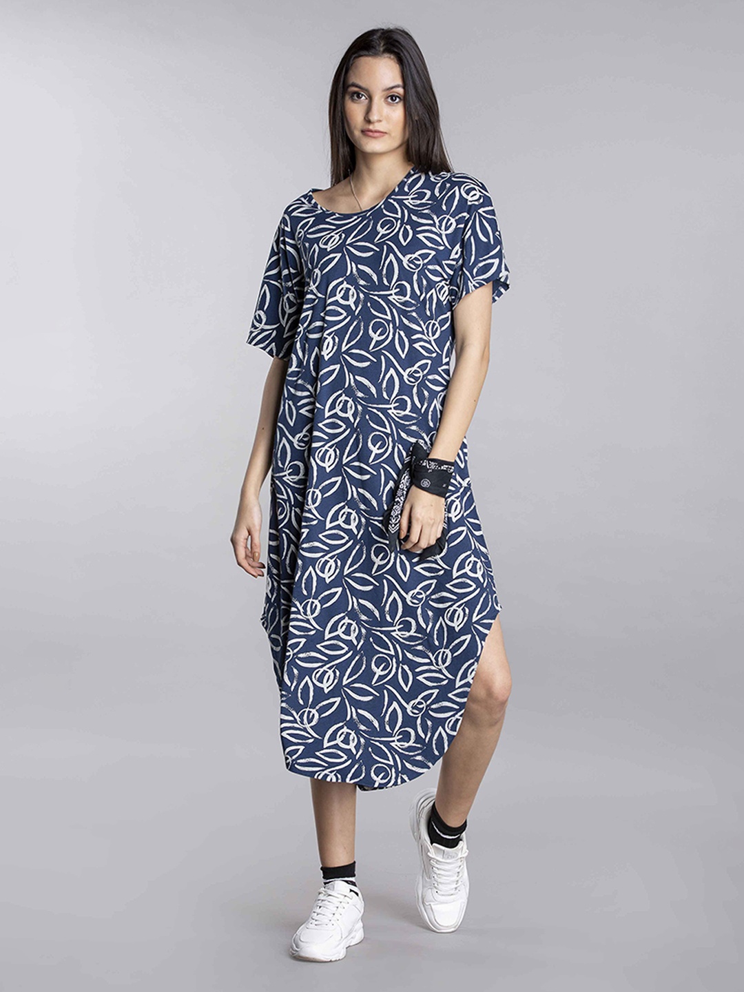 

MKOAL Round Neck Floral Printed Pure Cotton A-Line Dress, Navy blue