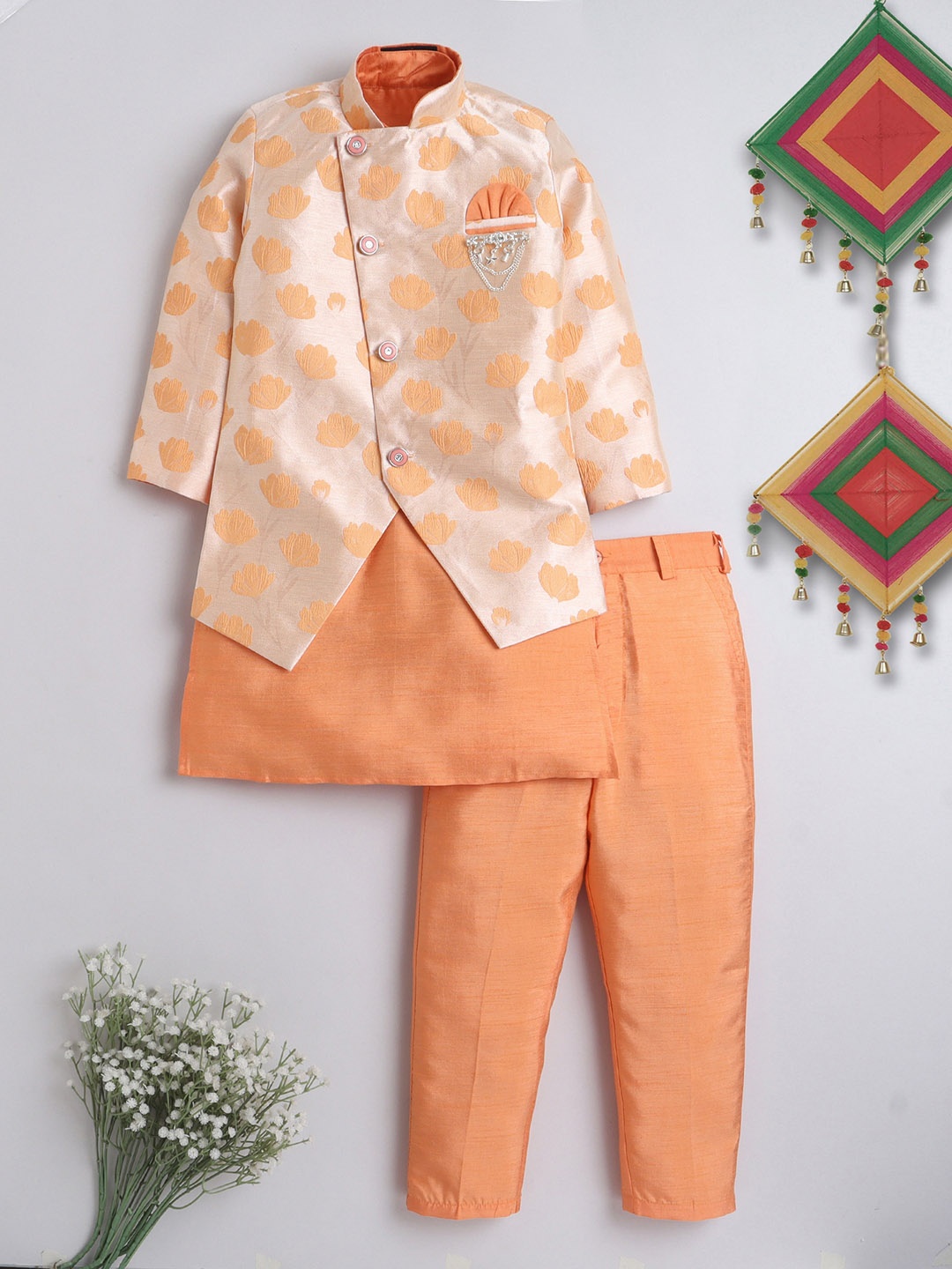 

ahhaaaa Boys Woven-Design Sherwani Set, Orange