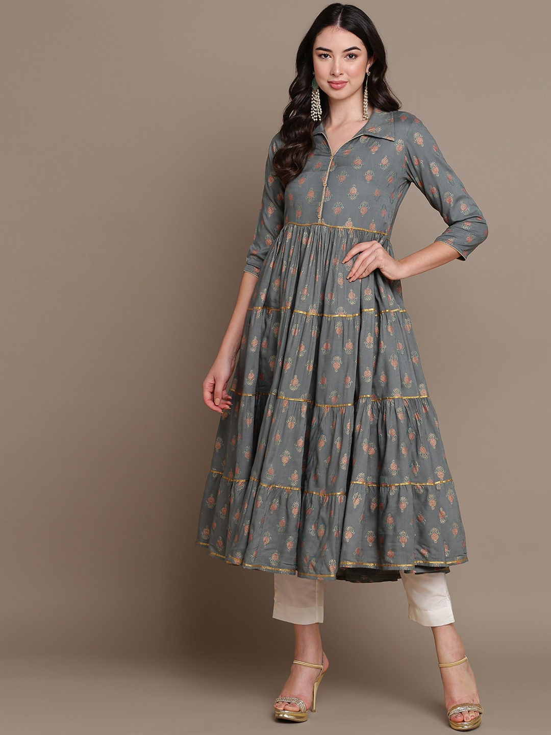 

HERE&NOW Ethnic Motifs Printed Shirt Collar Tiered Pure Cotton A-Line Kurta, Grey
