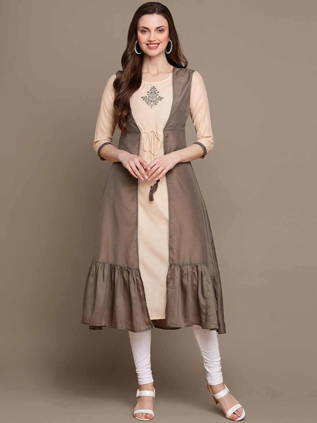 

HERE&NOW Ethnic Motif Embroidered Thread Work A-Line Kurta, Grey