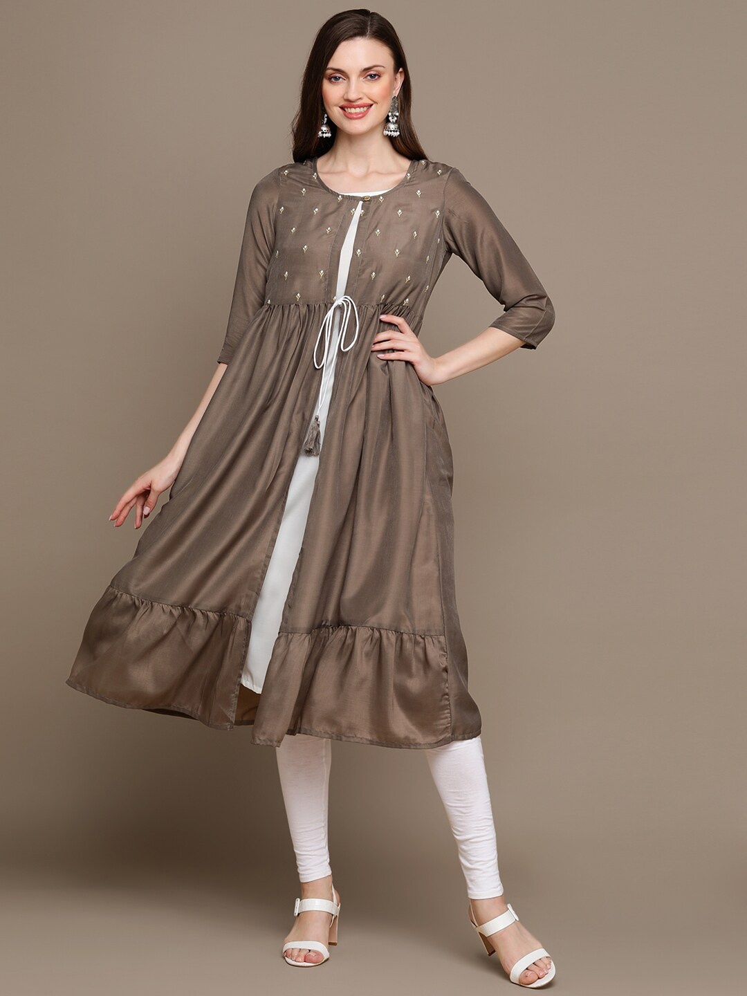 

HERE&NOW Ethnic Motif Embroidered Thread Work Anarkali Kurta, Grey
