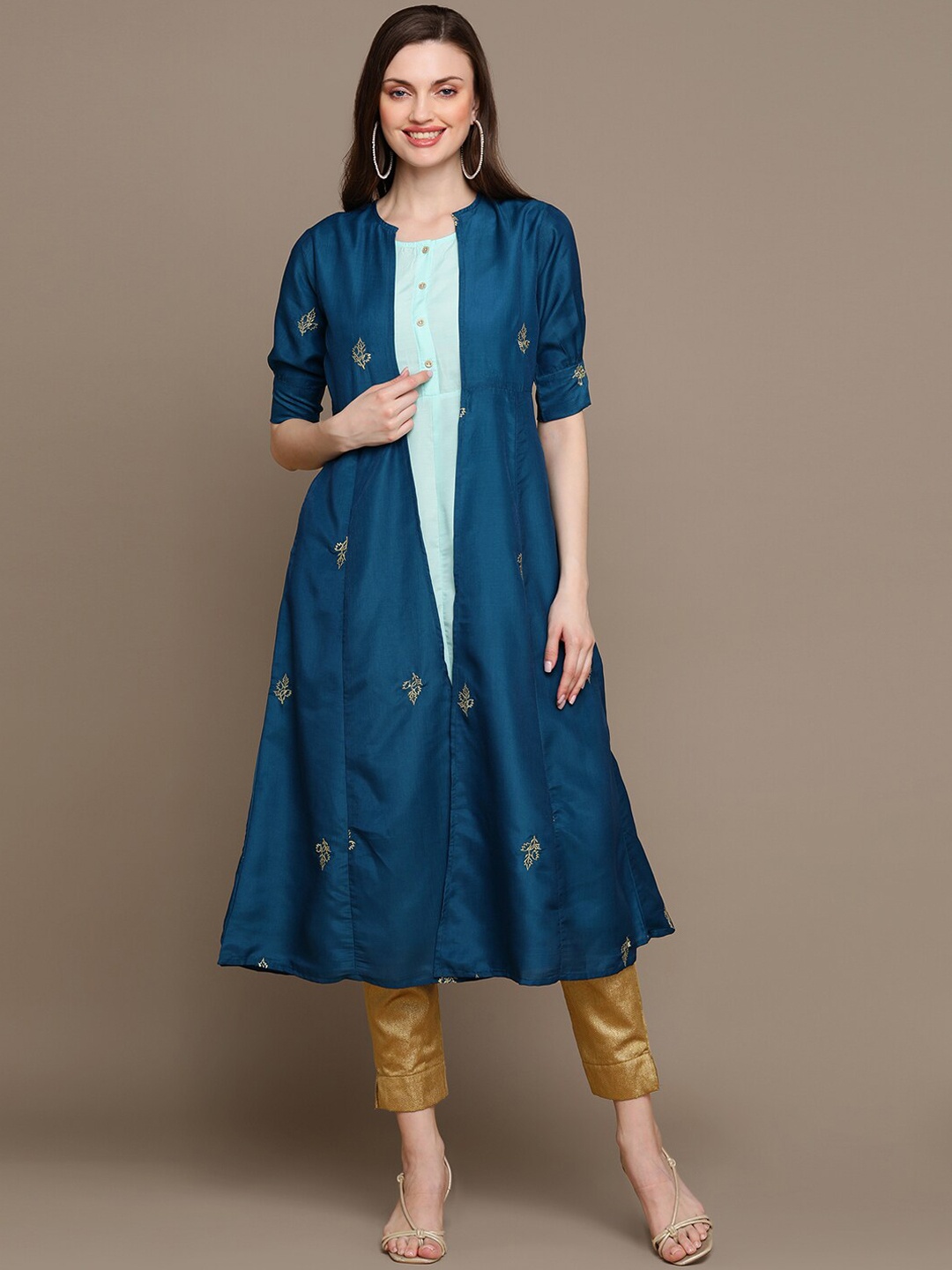 

HERE&NOW Ethnic Motifs Embroidered Thread Work Layered A-Line Kurta, Navy blue