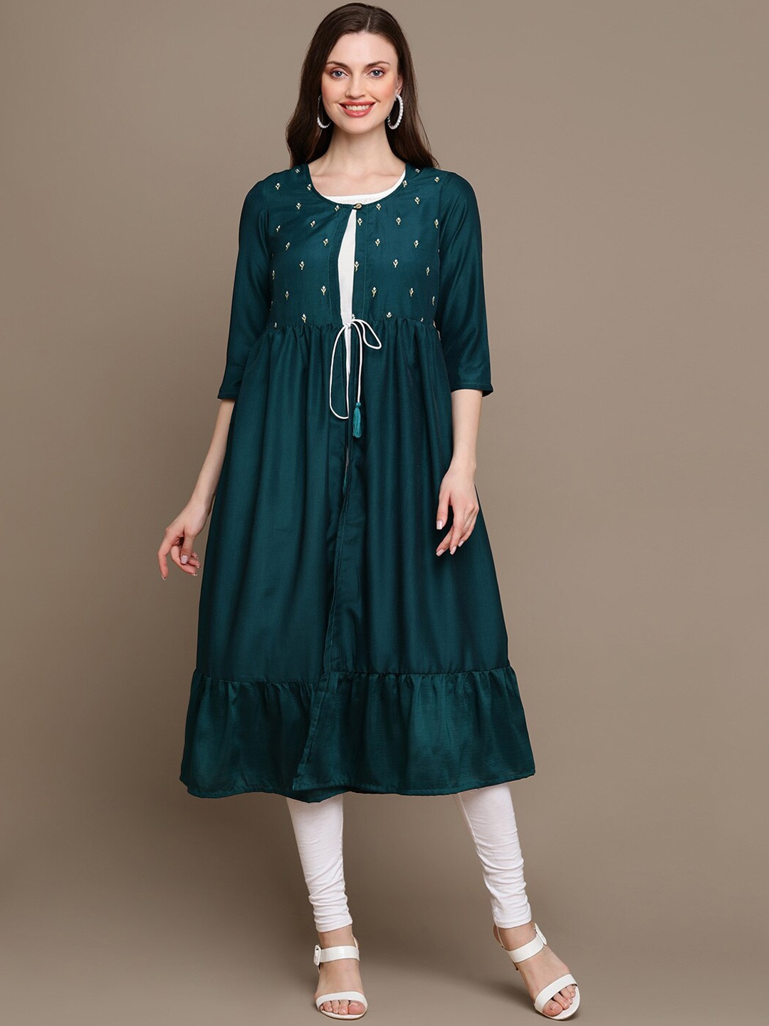 

HERE&NOW Ethnic Motif Embroidered Thread Work Anarkali Kurta, Green