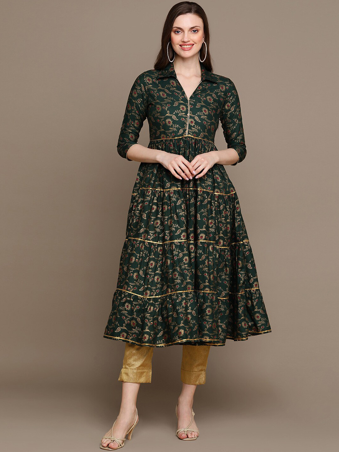 

HERE&NOW Ethnic Motifs Printed Shirt Collar Pure Cotton Anarkali Kurta, Green