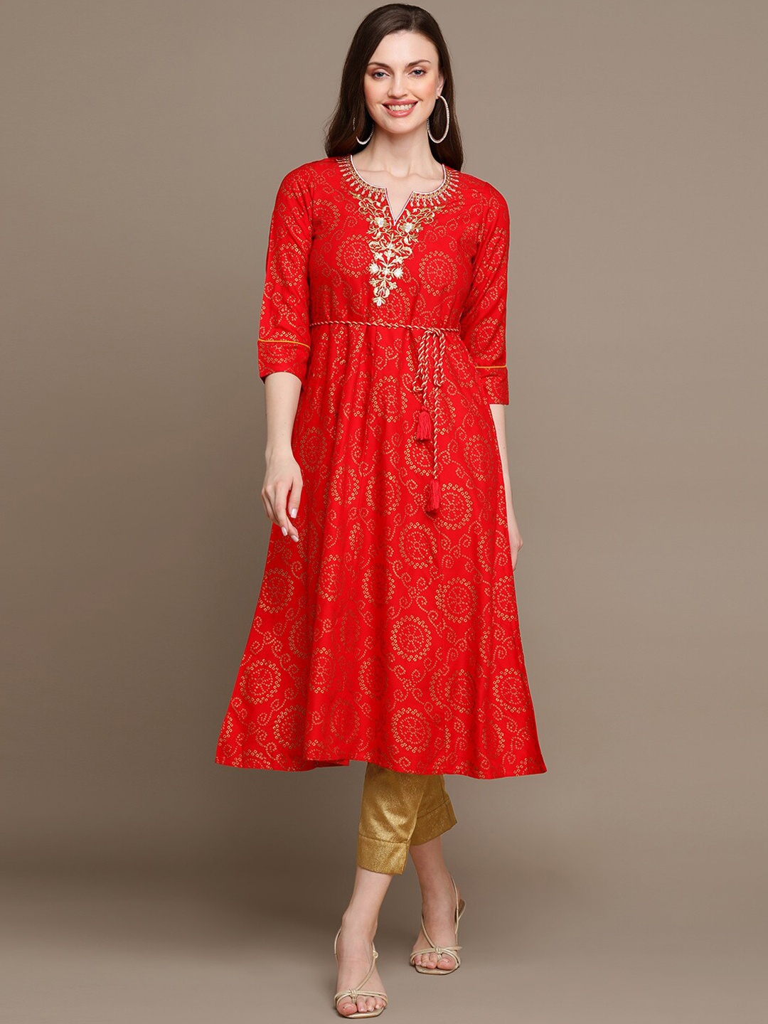 

HERE&NOW Bandhani Printed Thread Work Embroidered Anarkali Kurta, Red