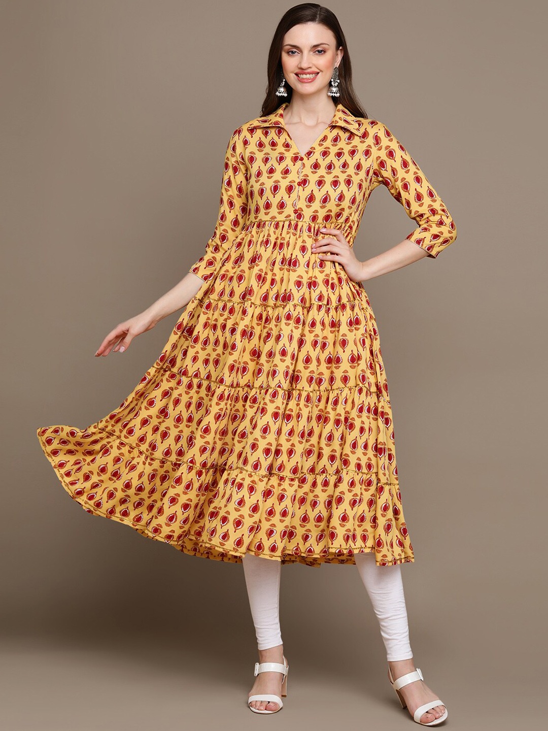 

HERE&NOW Ethnic Motifs Printed Shirt Collar Pure Cotton Anarkali Kurta, Mustard