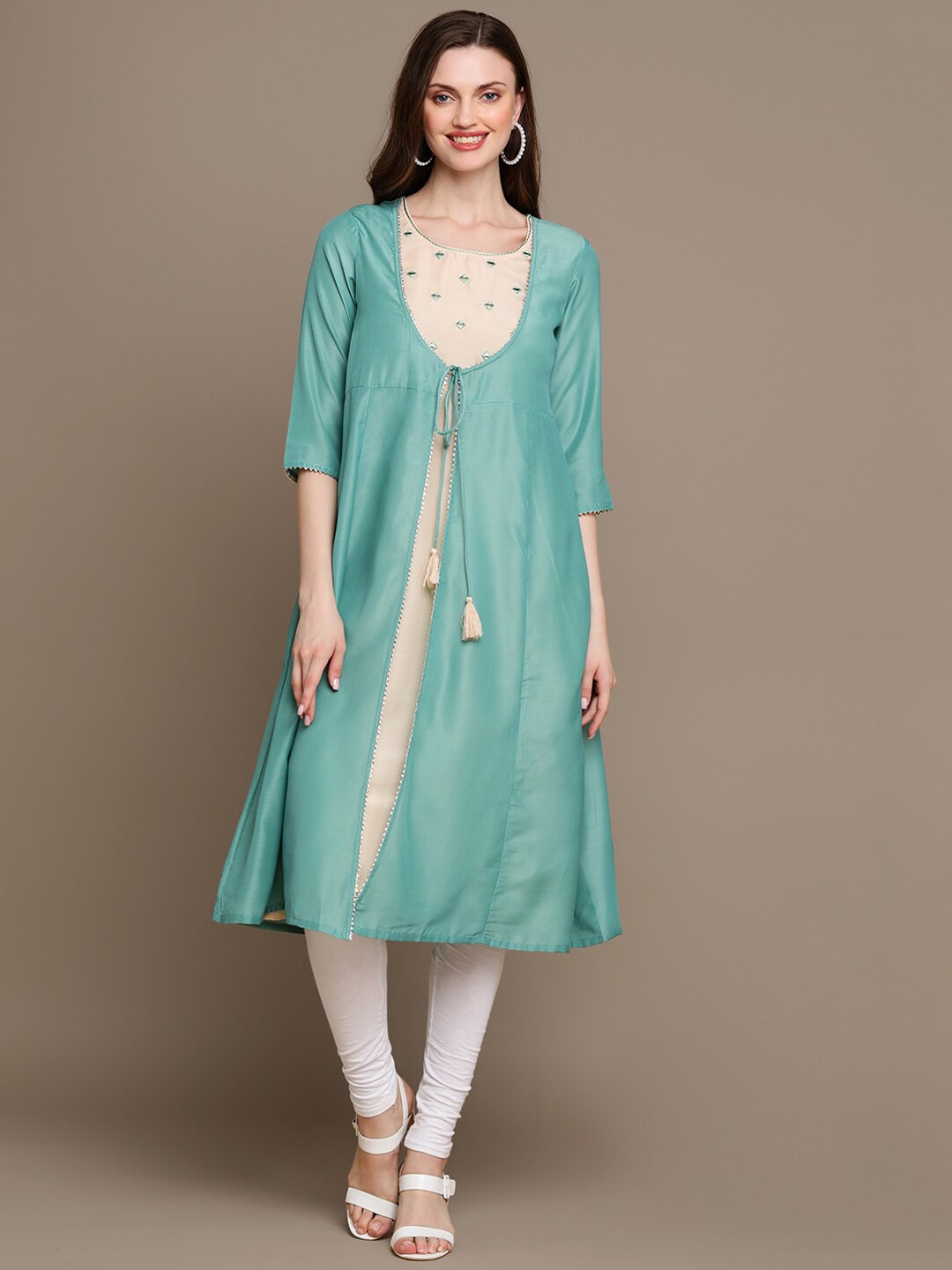 

HERE&NOW Embroidered Mirror Work A-Line Kurta, Sea green