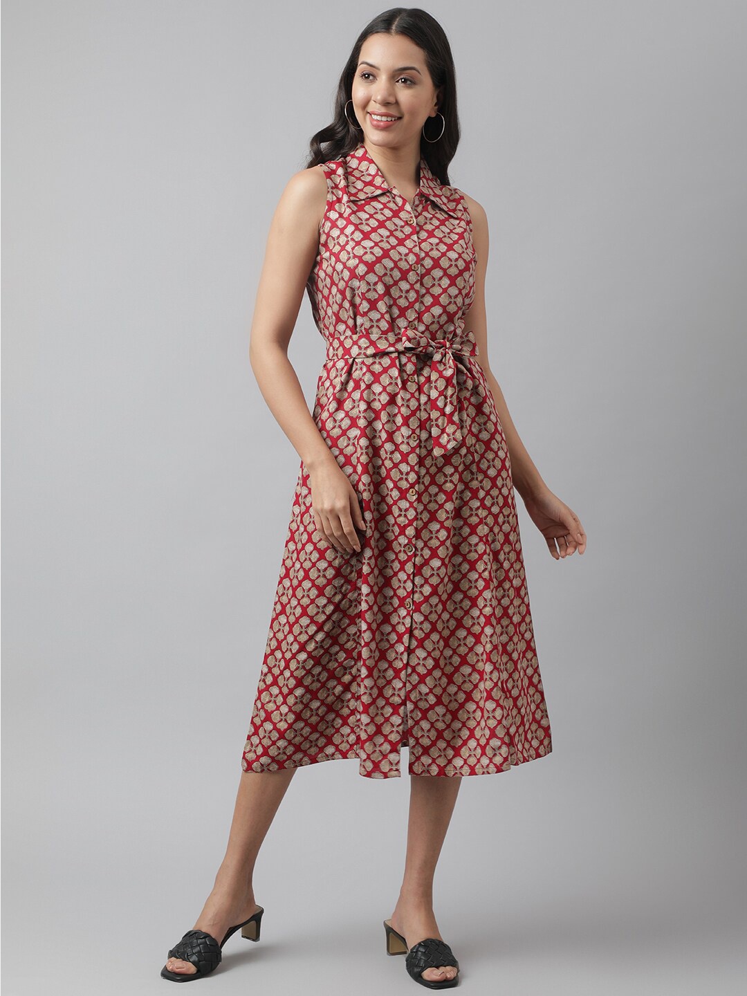 

Divena Geometric Printed Sleeveless Shirt Midi Dress With Belt, Maroon