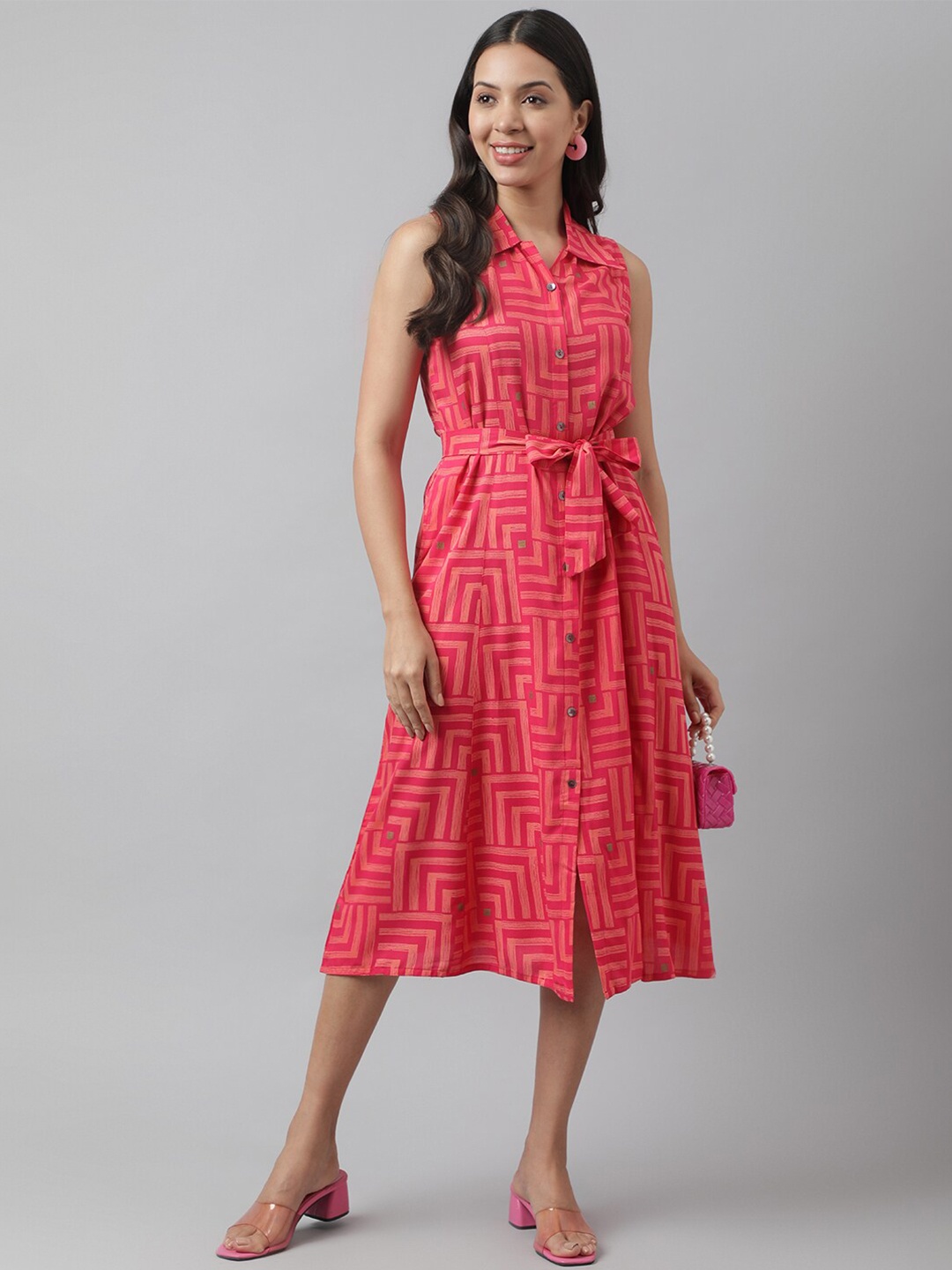 

Divena Geometric Printed Sleeveless Shirt Midi Dress With Belt, Pink