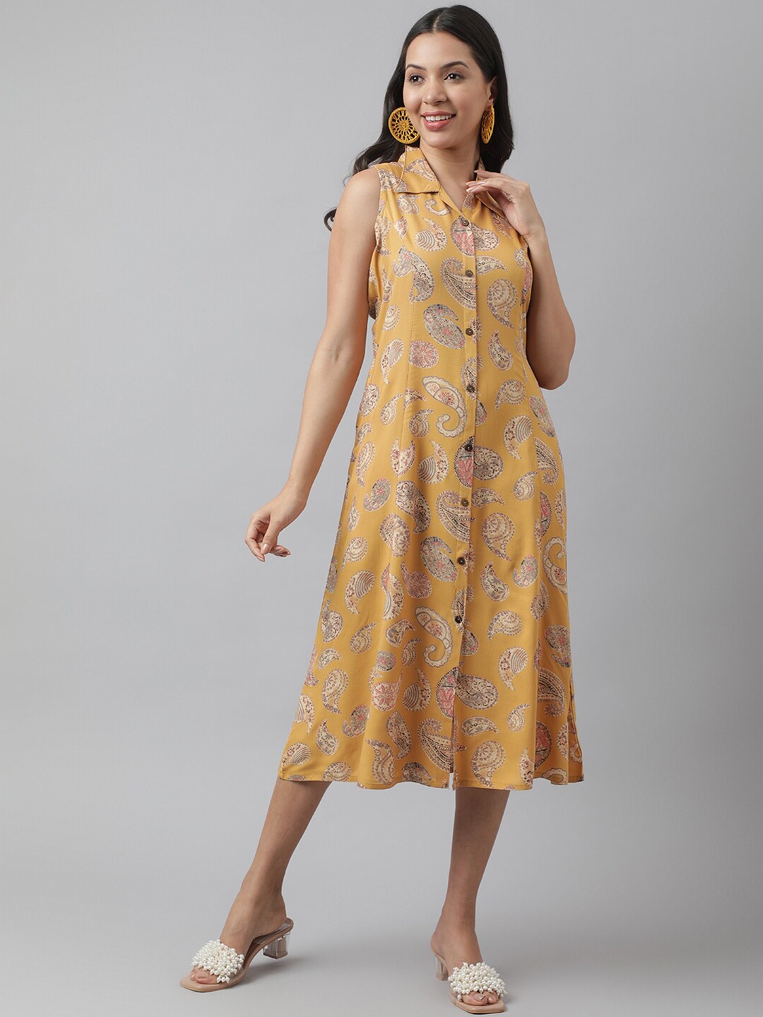 

Divena Ethnic Motif Printed Shirt Midi Dress, Mustard