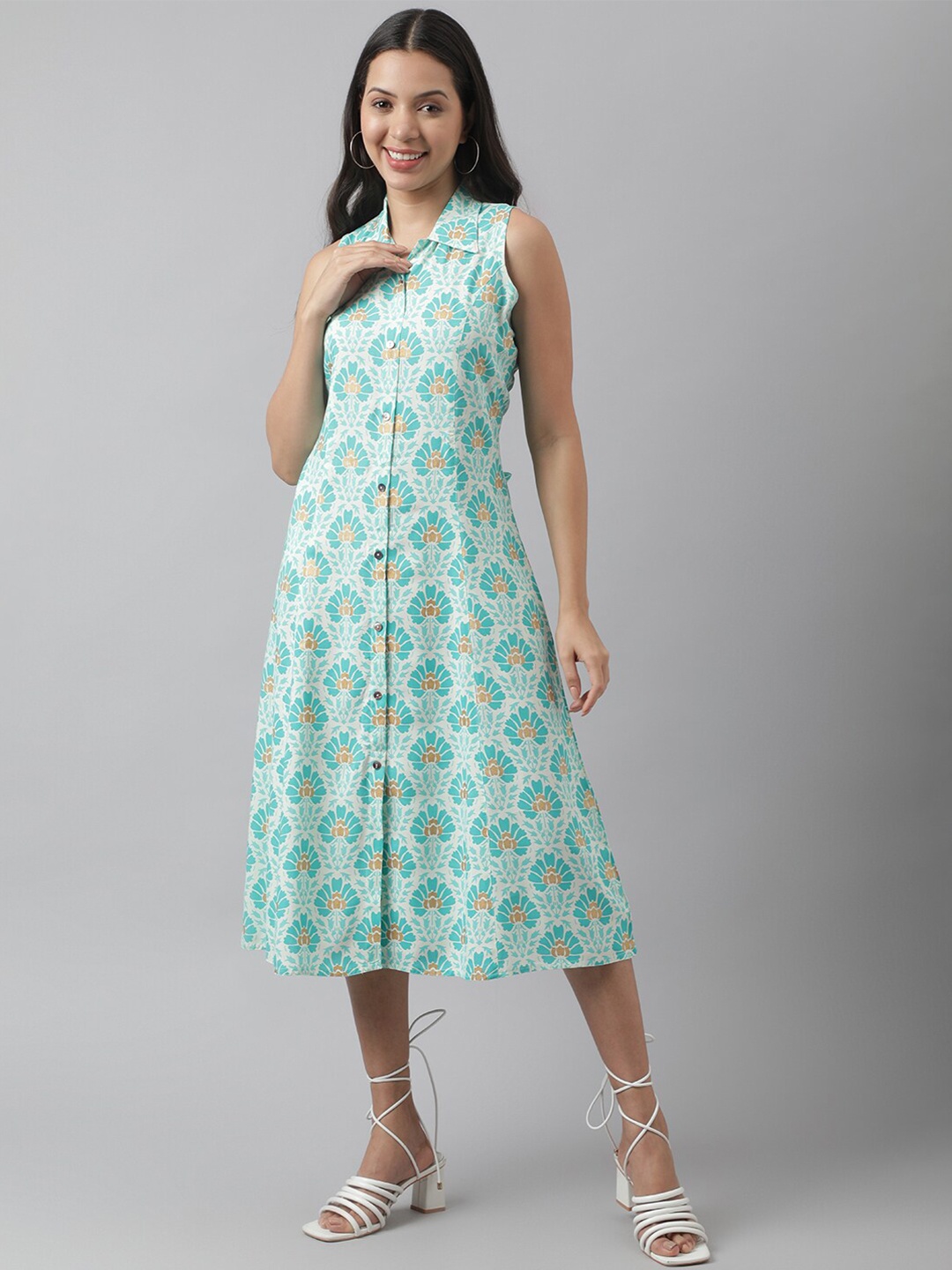 

Divena Floral Printed Sleeveless Shirt Midi Dress, White