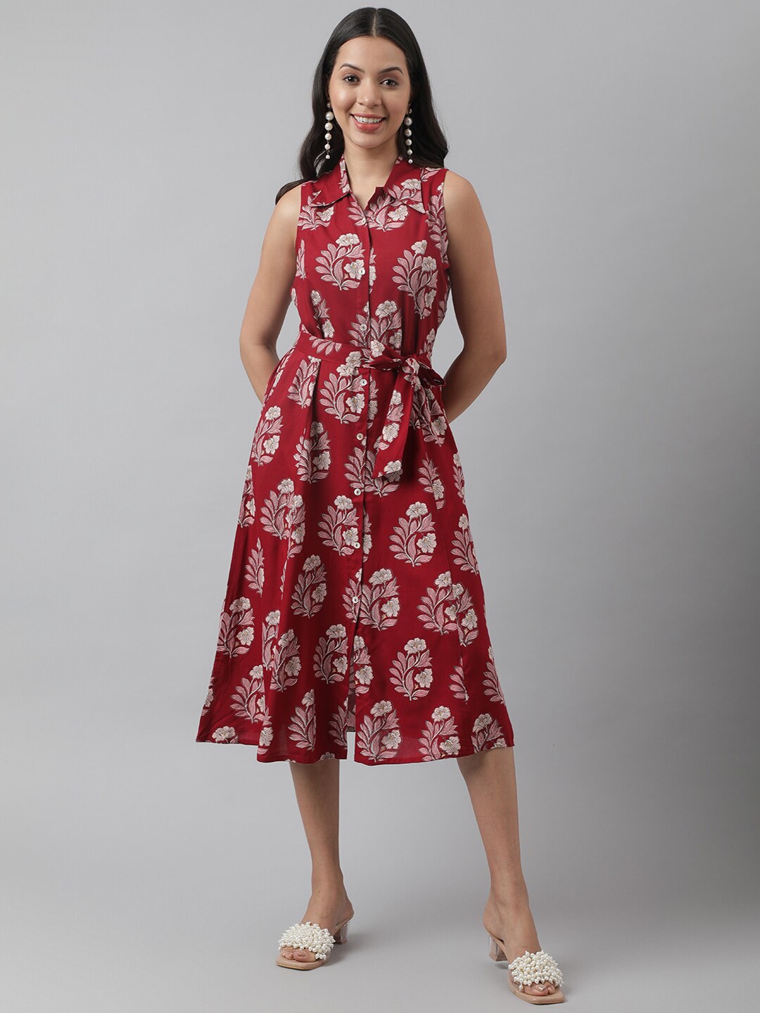 

Divena Ethnic Motifs Print Fit & Flare Midi Dress, Maroon
