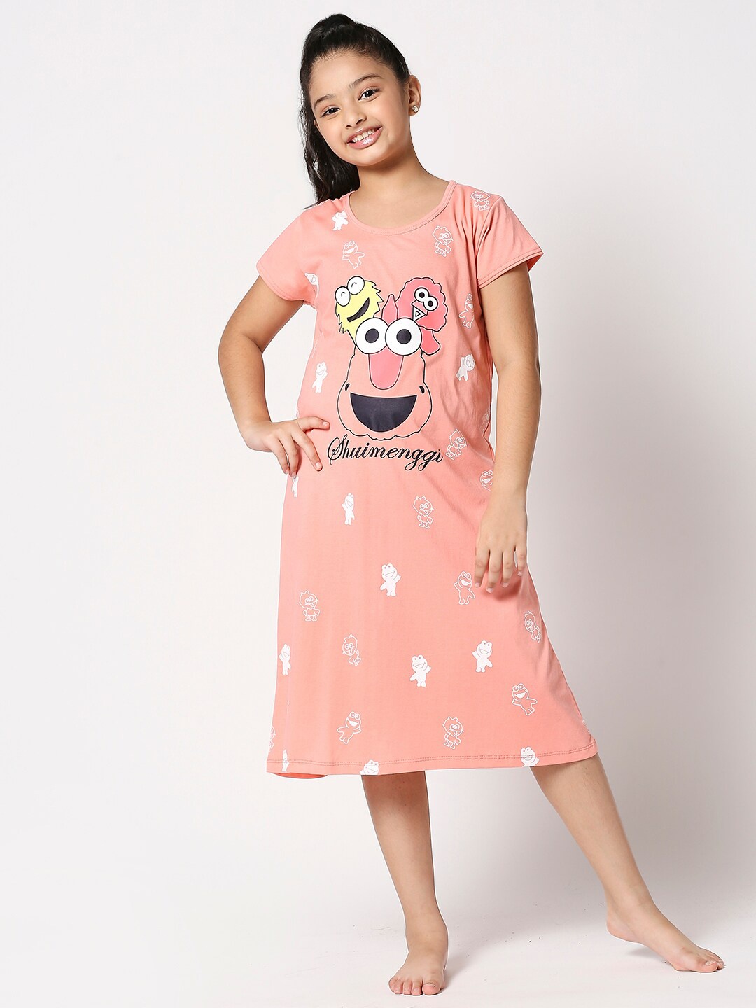 

Zeyo Girls Printed Cotton T-Shirt Nightdress, Peach