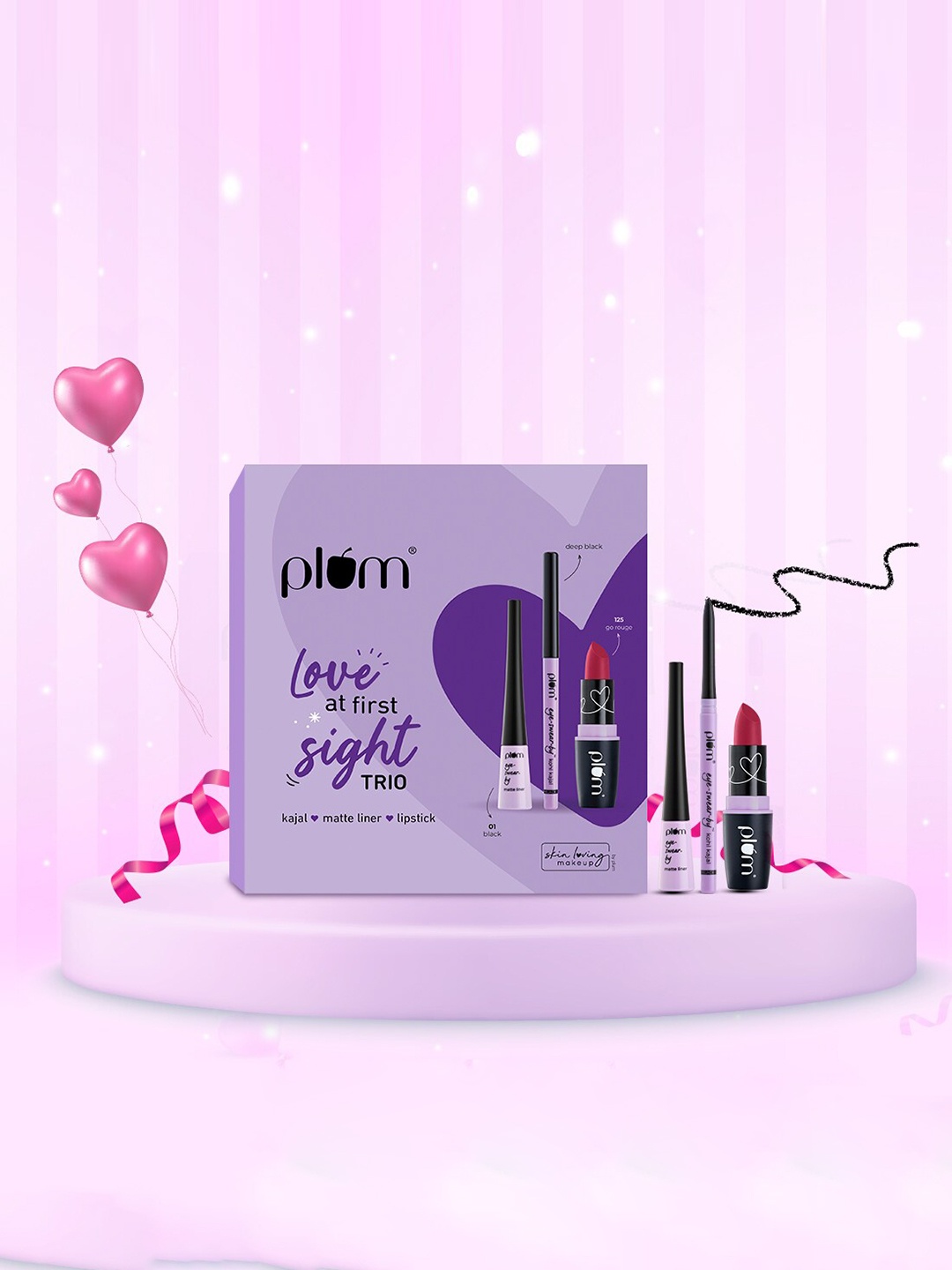 

Plum Love At First Sight Trio-Kajal - Deep Black+Matte Eye Liner-Black 01+Lipstick 125