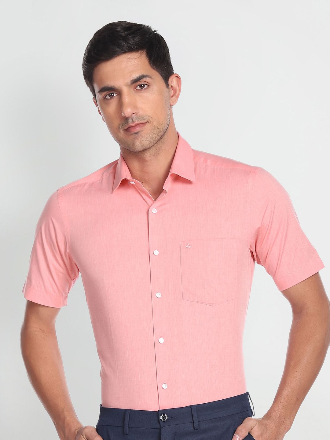 Arrow Spread Collar Short Sleeves Pure Cotton Formal Shirt, Pink