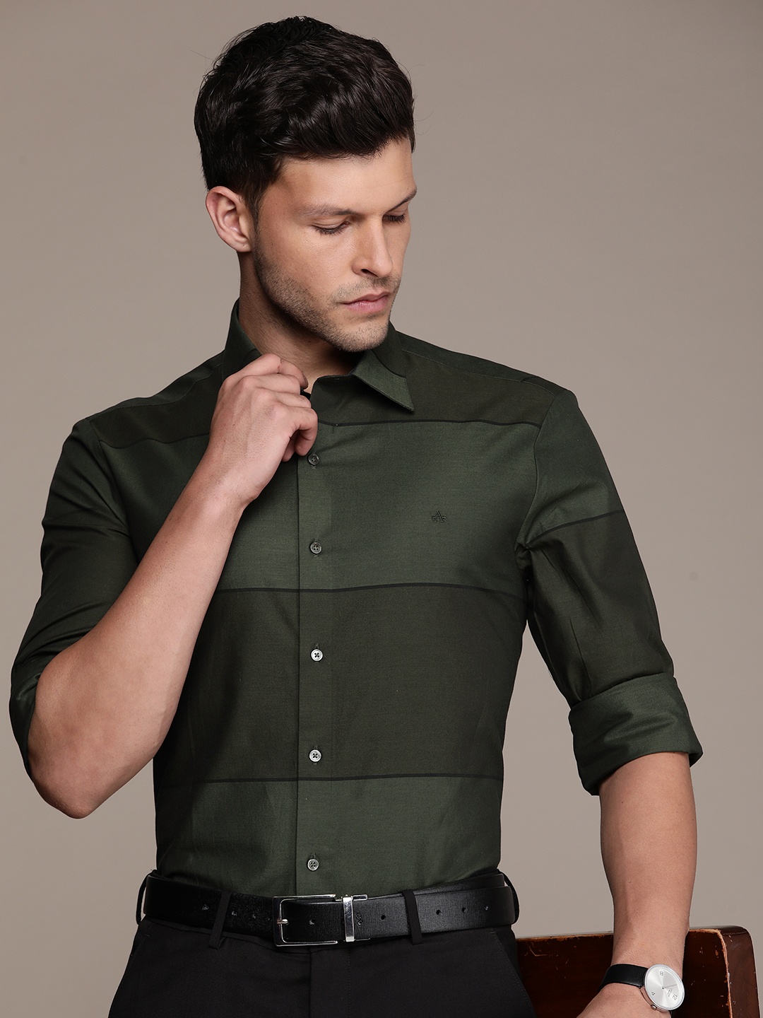 Arrow Horizontal Striped Cutaway Collar Pure Cotton Formal Shirt, Olive