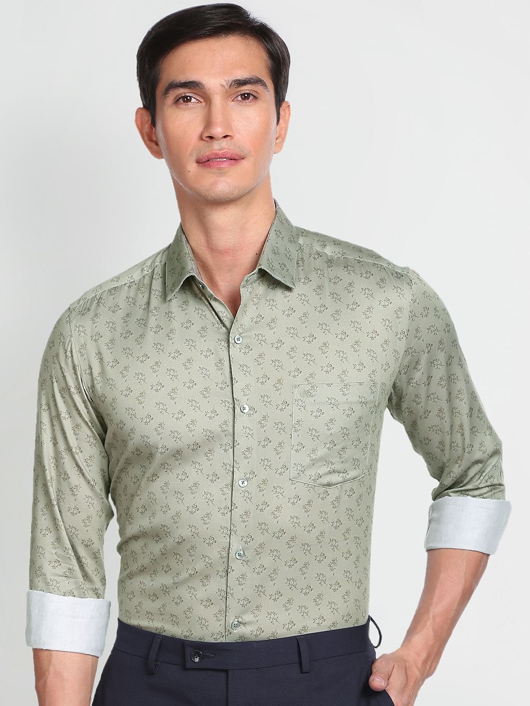 

Arrow Slim Fit Floral Printed Pure Cotton Formal Shirt, Green