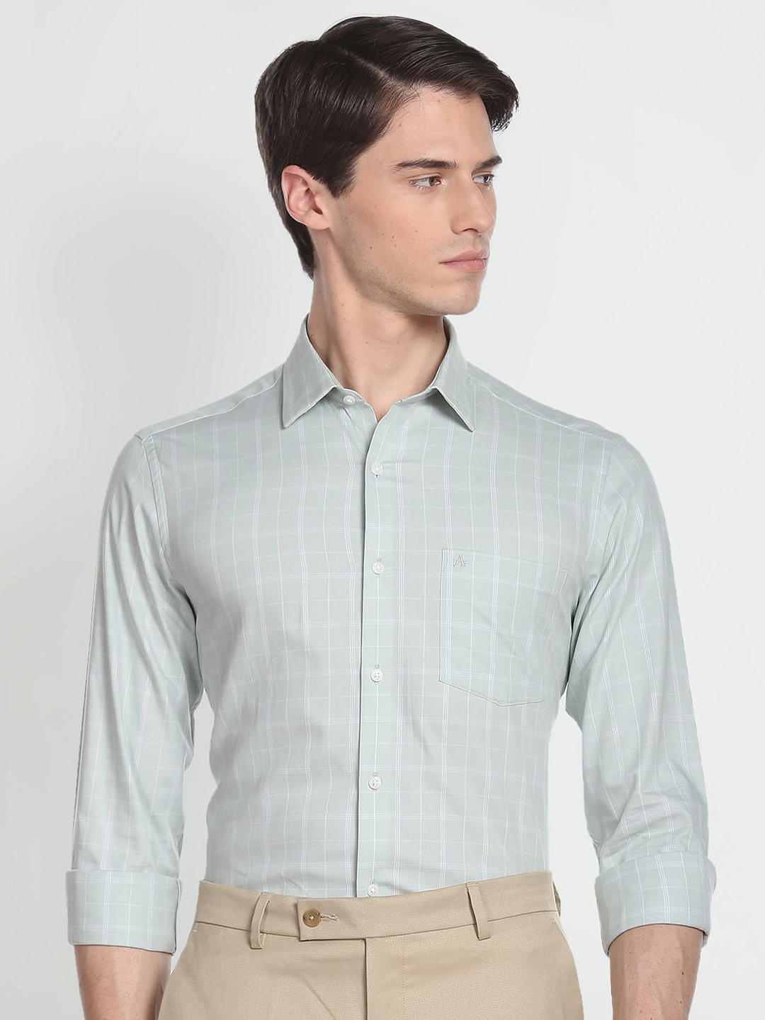 

Arrow Checked Spread Collar Slim Fit Formal Cotton Shirt, Green